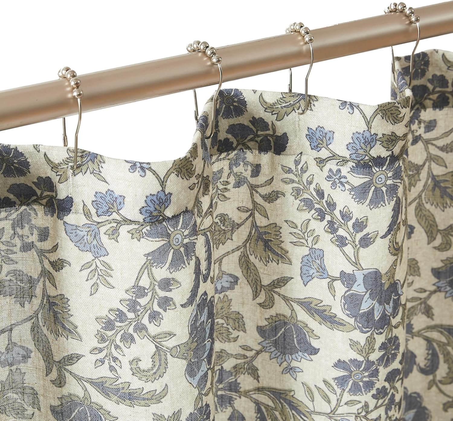 Lush Decor Lillian Block Print Linen Textured Shower Curtain Single 72" W x 72" L Blue & Sage - Vintage Floral Shower Curtains - Ruffled Bath Curtain - Image 4