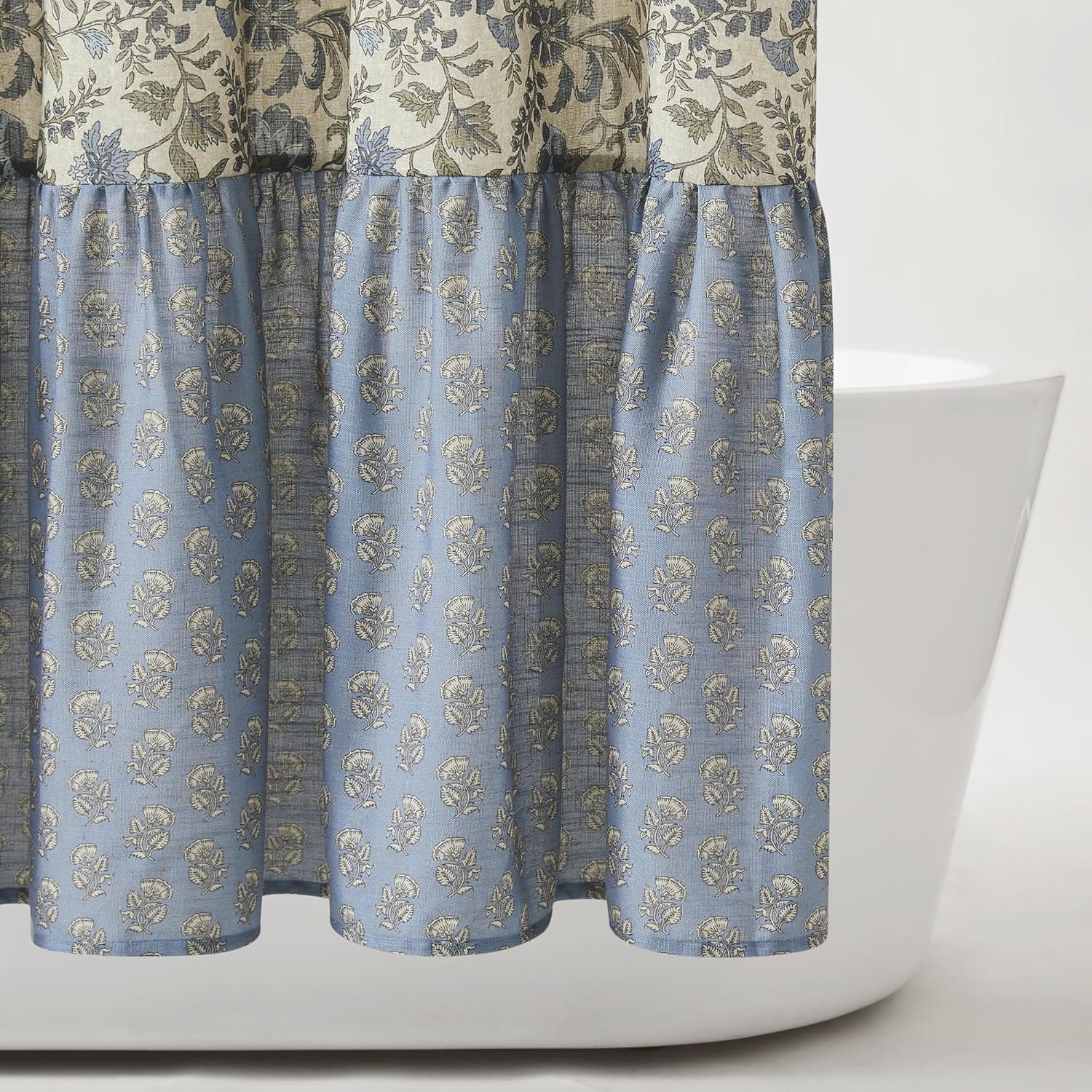 Lush Decor Lillian Block Print Linen Textured Shower Curtain Single 72" W x 72" L Blue & Sage - Vintage Floral Shower Curtains - Ruffled Bath Curtain - Image 6