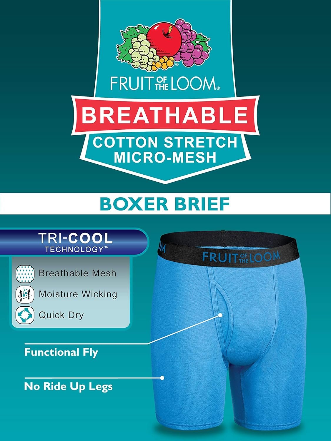 Fruit of the Loom Men's Men's Breathable Boxer Briefs, Moisture Wicking Underwear, Assorted Color Multipacks - Image 7