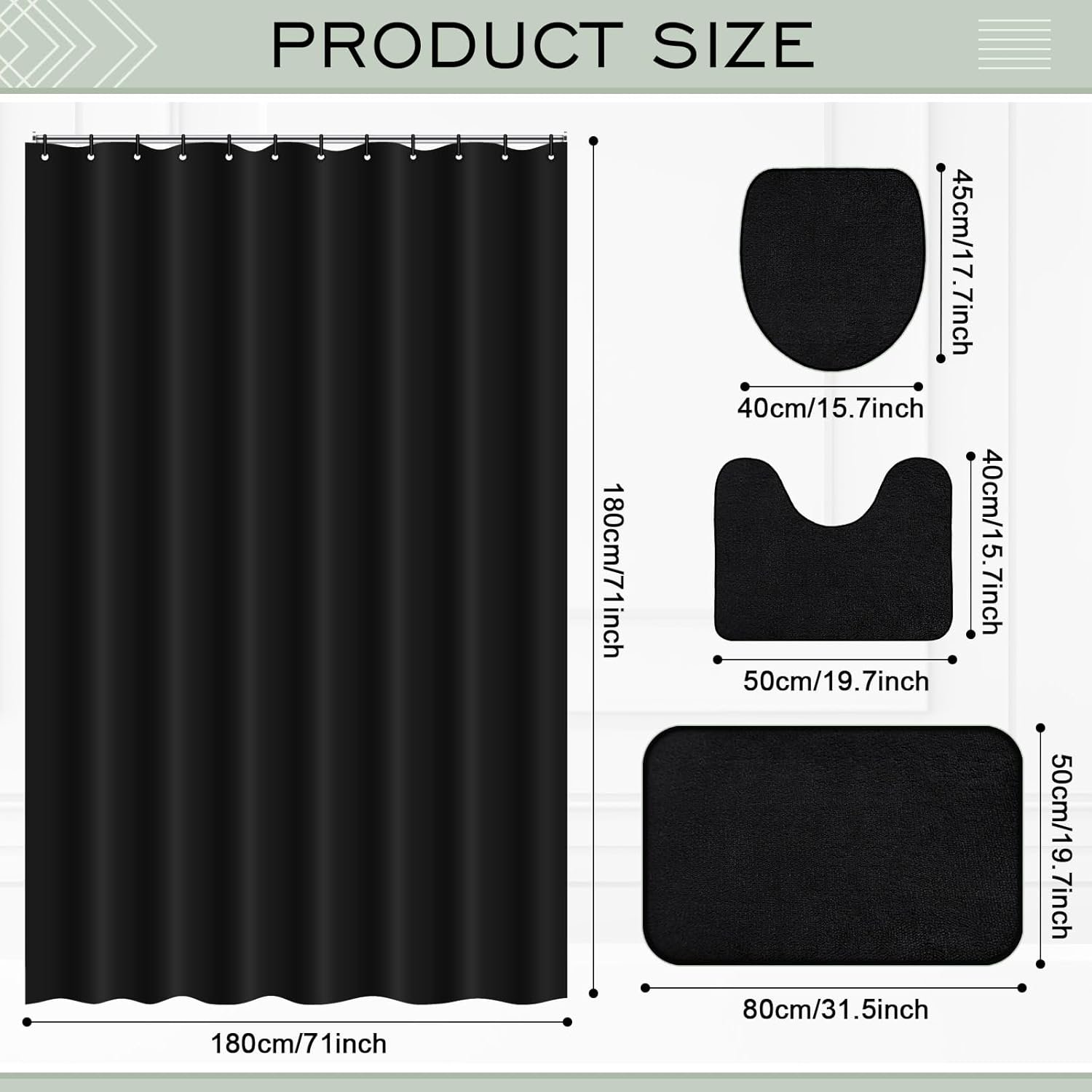Hosuly 4 Pcs Bathroom Shower Curtain Set with Non Slip Rugs, Toilet Lid Cover and Bath Mat, Waterproof Bathroom Curtains with 12 Hooks Shower Set for Solid Color Bathroom Decor (Black) - Image 3