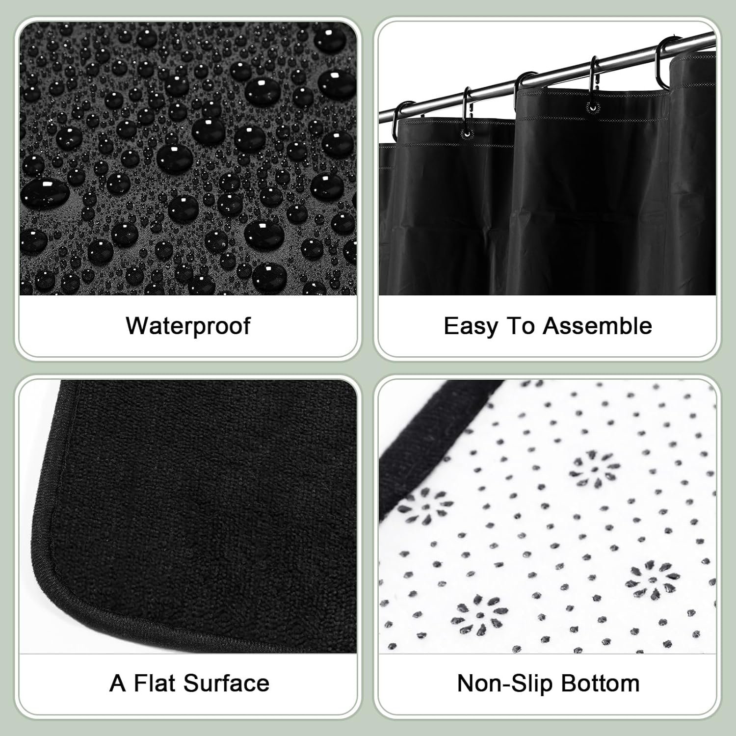 Hosuly 4 Pcs Bathroom Shower Curtain Set with Non Slip Rugs, Toilet Lid Cover and Bath Mat, Waterproof Bathroom Curtains with 12 Hooks Shower Set for Solid Color Bathroom Decor (Black) - Image 4