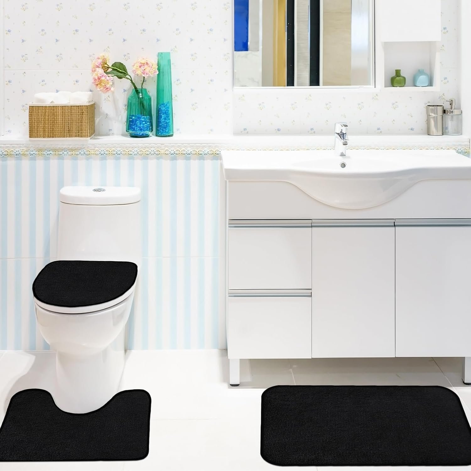 Hosuly 4 Pcs Bathroom Shower Curtain Set with Non Slip Rugs, Toilet Lid Cover and Bath Mat, Waterproof Bathroom Curtains with 12 Hooks Shower Set for Solid Color Bathroom Decor (Black) - Image 5