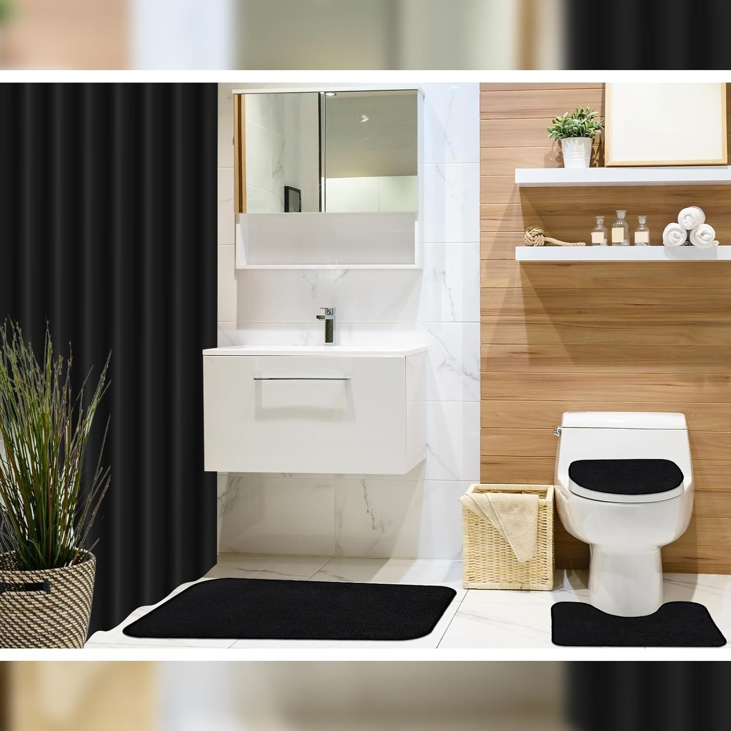 Hosuly 4 Pcs Bathroom Shower Curtain Set with Non Slip Rugs, Toilet Lid Cover and Bath Mat, Waterproof Bathroom Curtains with 12 Hooks Shower Set for Solid Color Bathroom Decor (Black) - Image 6