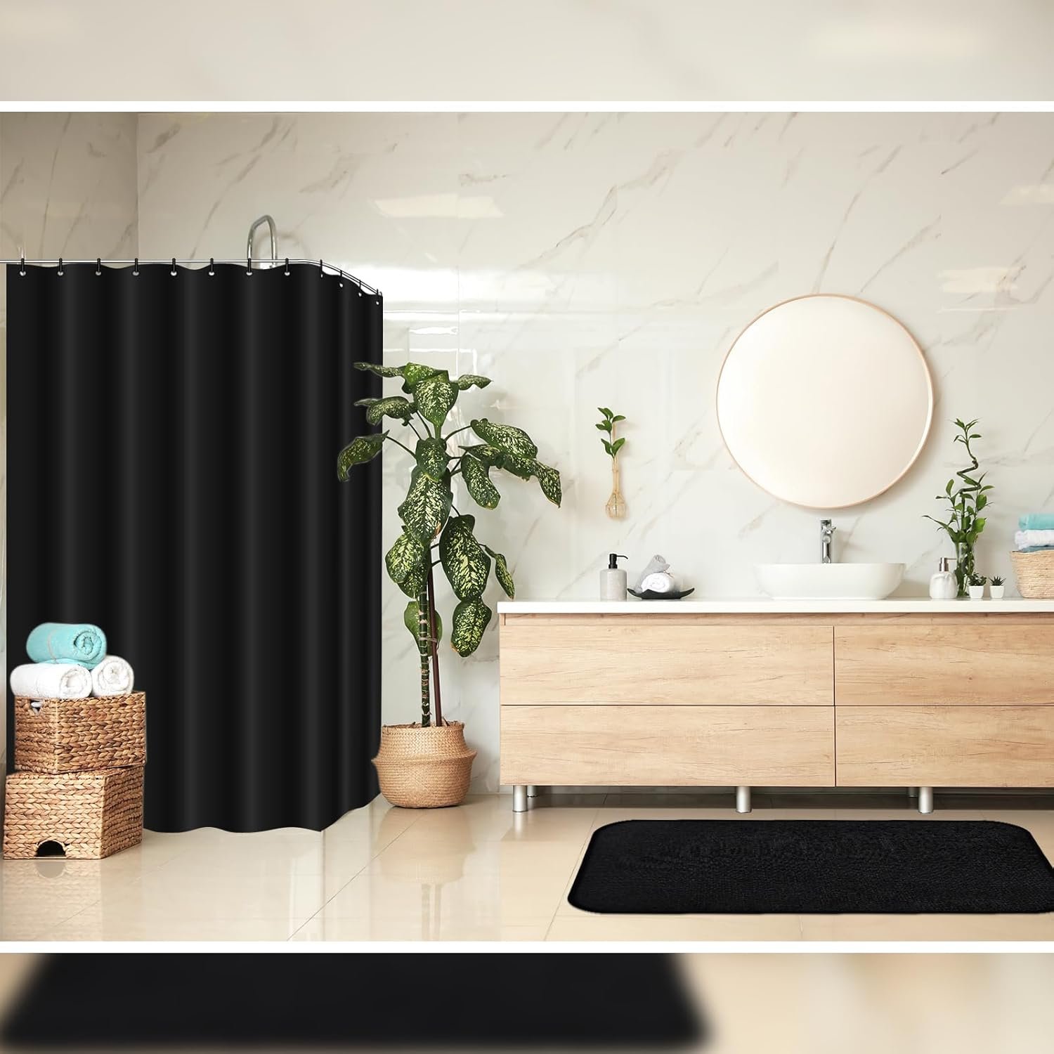 Hosuly 4 Pcs Bathroom Shower Curtain Set with Non Slip Rugs, Toilet Lid Cover and Bath Mat, Waterproof Bathroom Curtains with 12 Hooks Shower Set for Solid Color Bathroom Decor (Black) - Image 7