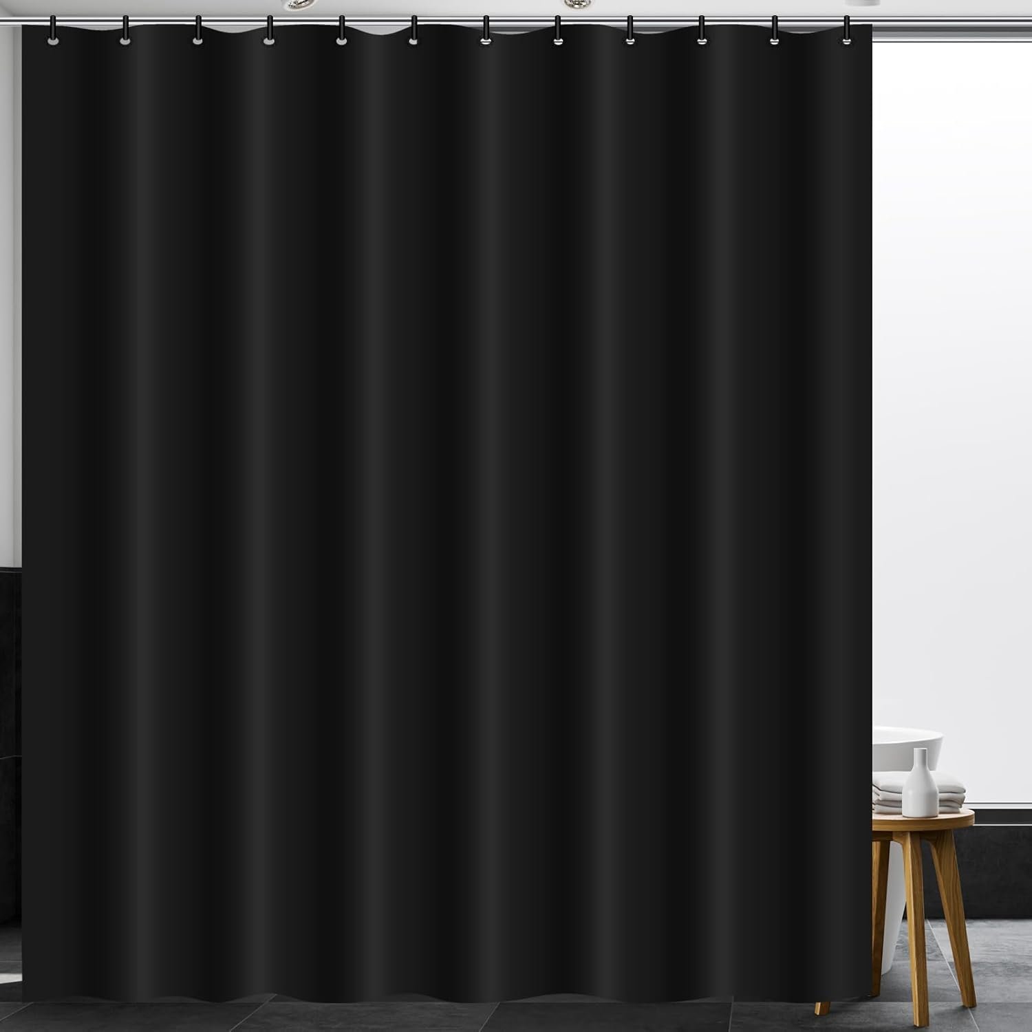 Hosuly 4 Pcs Bathroom Shower Curtain Set with Non Slip Rugs, Toilet Lid Cover and Bath Mat, Waterproof Bathroom Curtains with 12 Hooks Shower Set for Solid Color Bathroom Decor (Black) - Image 8