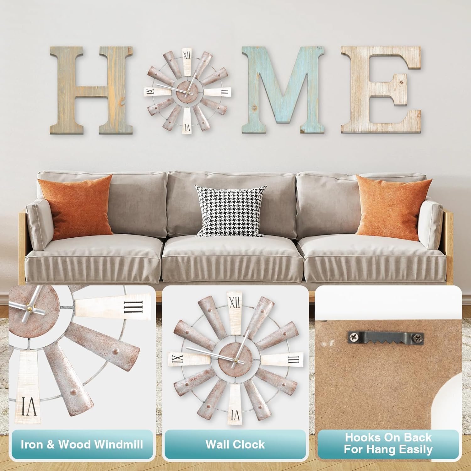ZAZIWZ Farmhouse Home Signs with Windmill Clock Wall Decor Rustic Home Letters Wall Art for Living Room Kitchen Entryway Dining Room Bedroom (mix color) - Image 4