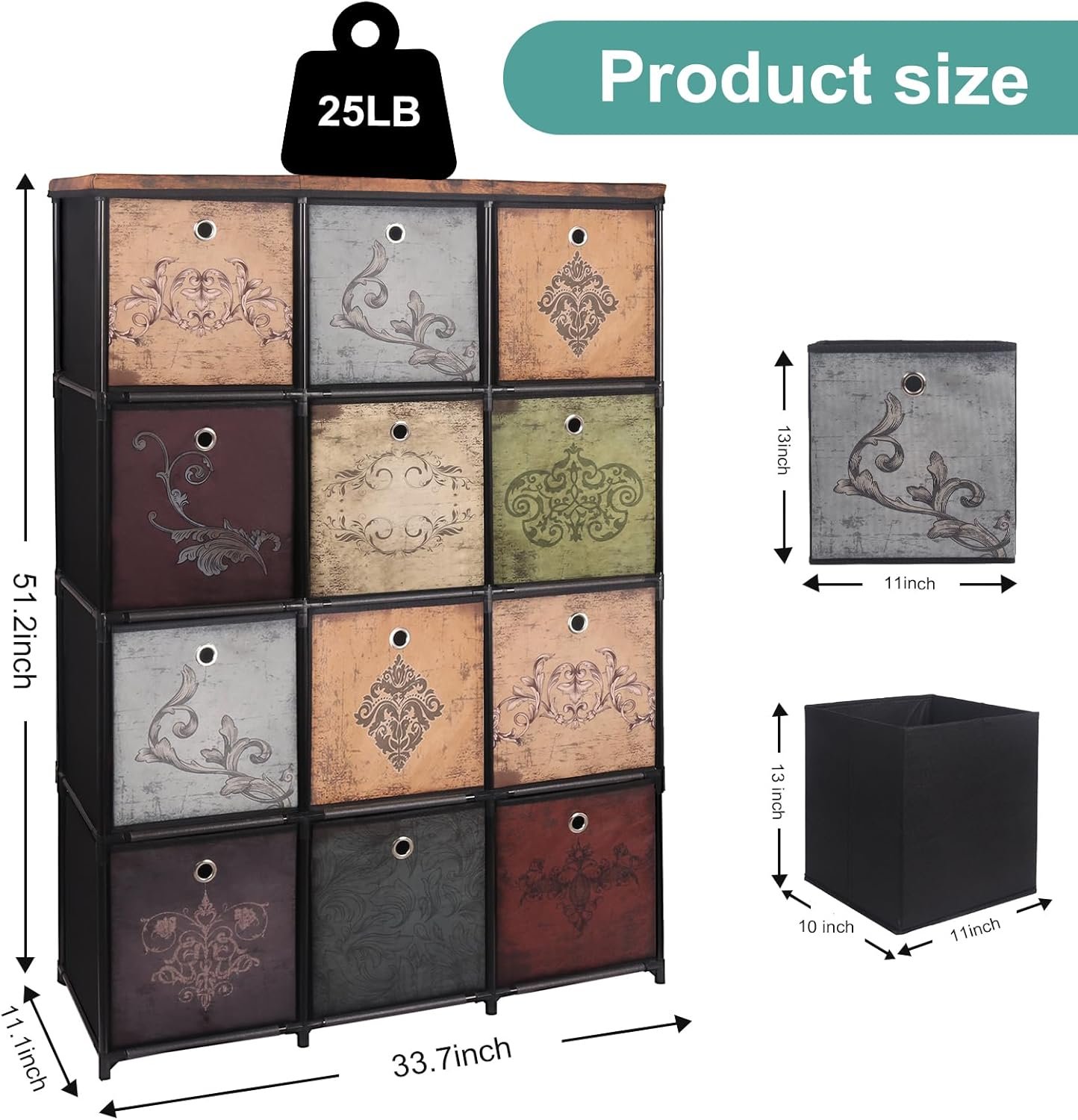 VASICAR Storage Tower Unit with 12 Drawers, Vintage Floral Cube Organizer Shelf, Tall Fabric Dresser for Bedroom, Closet, Nursery, Hallway, Entryway - Image 4