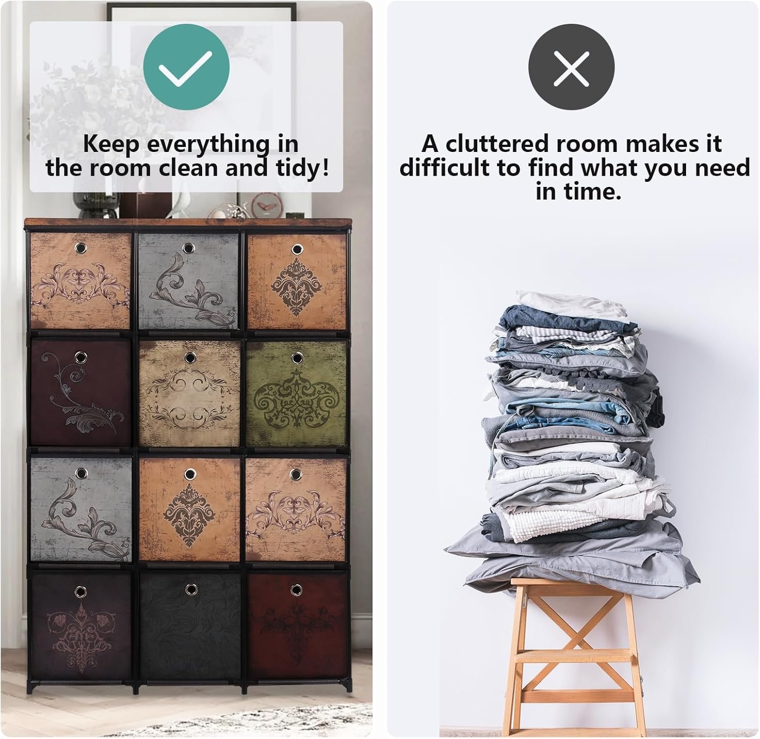 VASICAR Storage Tower Unit with 12 Drawers, Vintage Floral Cube Organizer Shelf, Tall Fabric Dresser for Bedroom, Closet, Nursery, Hallway, Entryway - Image 5