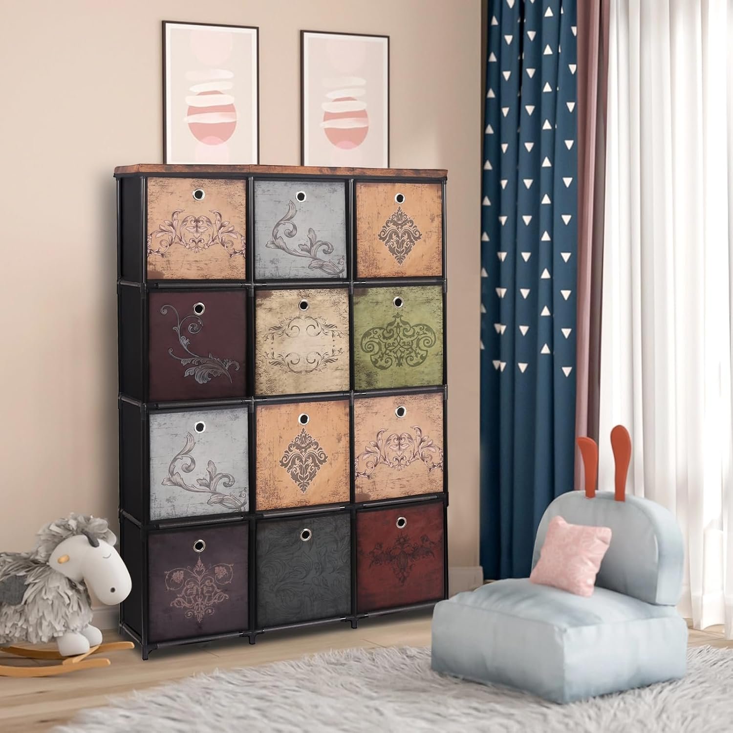 VASICAR Storage Tower Unit with 12 Drawers, Vintage Floral Cube Organizer Shelf, Tall Fabric Dresser for Bedroom, Closet, Nursery, Hallway, Entryway - Image 7