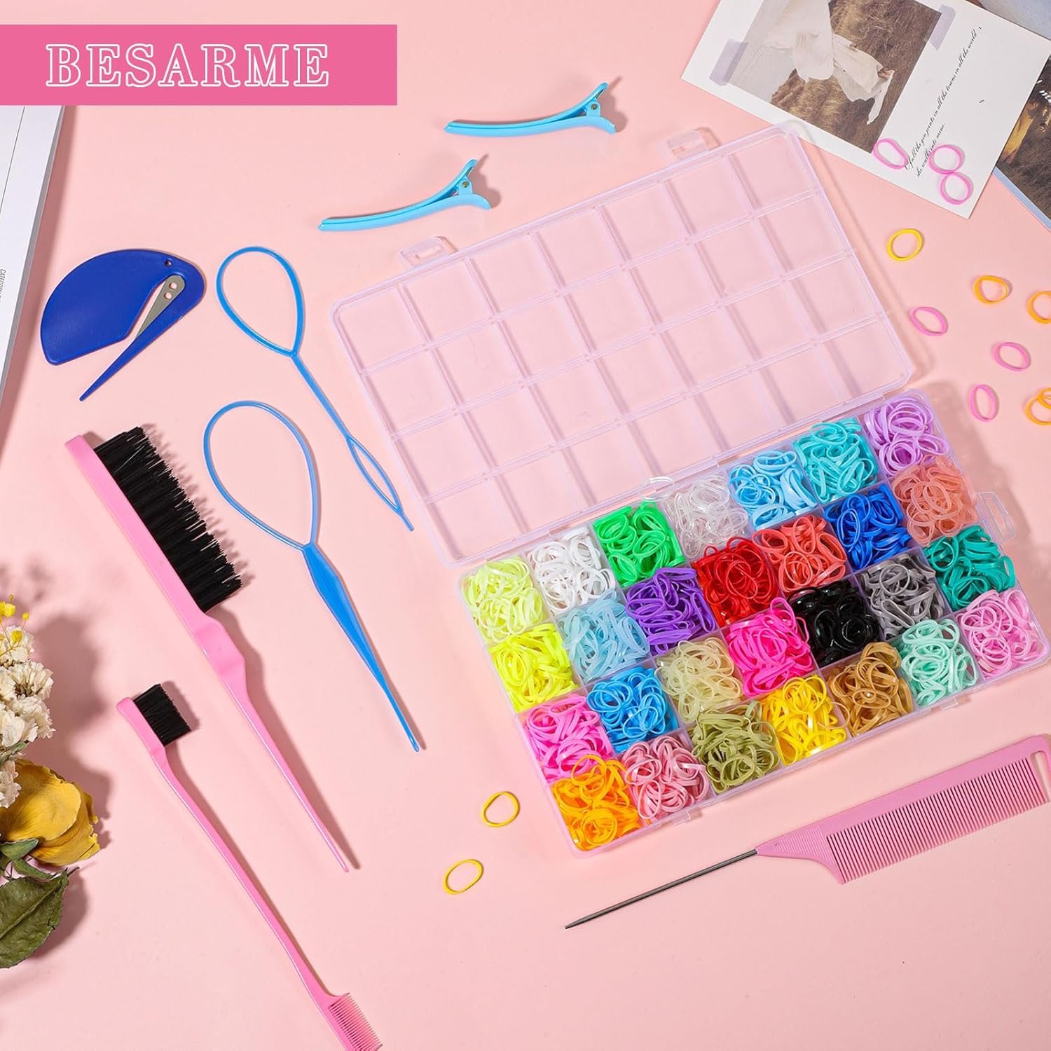 BESARME 28 Colors Rubber Bands for Hairs with 8 Styling Tools, 1500 Pcs Hair Elastics Baby Toddler Small Hair Ties for Girls Hairs Accessories for Women - Image 6