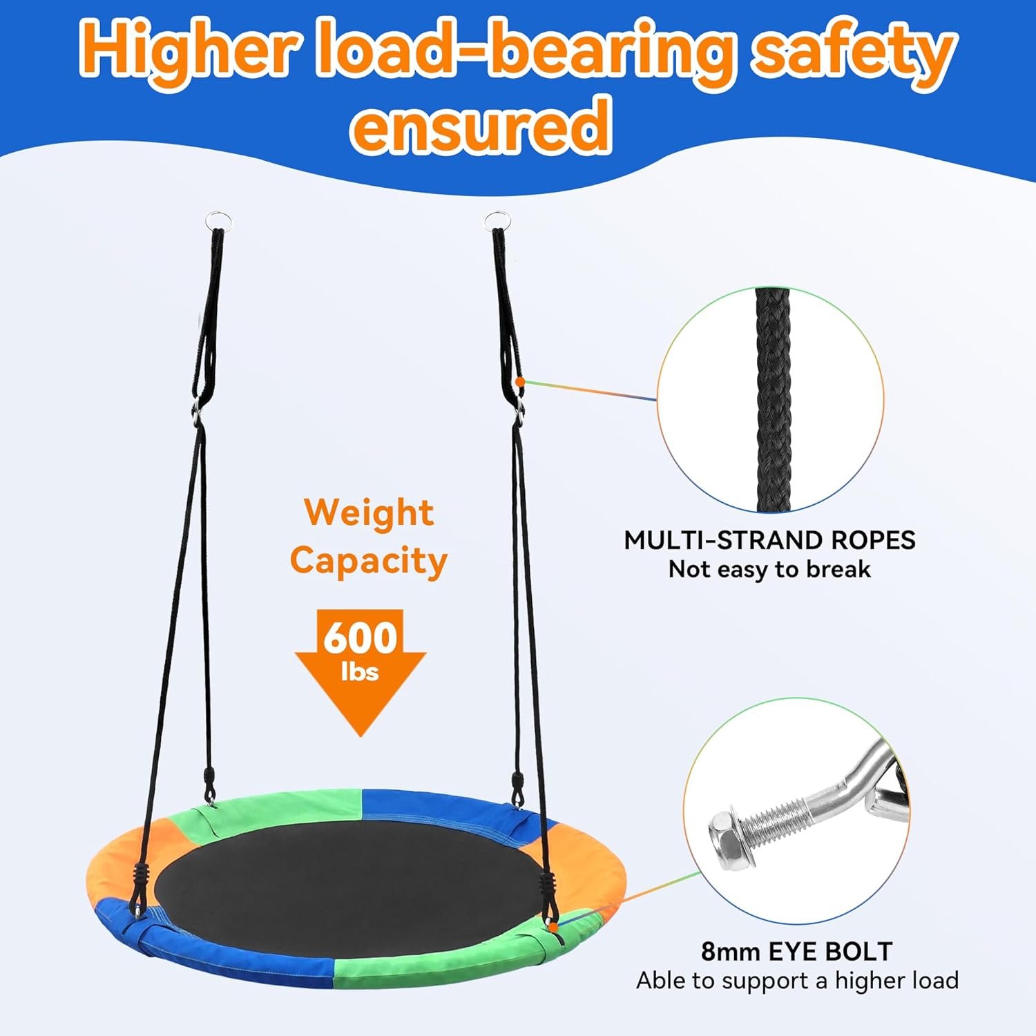 Saucer Tree Swing Seat for Kids 40 Inch Outdoor Round Tree Swing for Children Heavy Duty Safe Durable Easy Install for Backyard Multicolor - Image 7