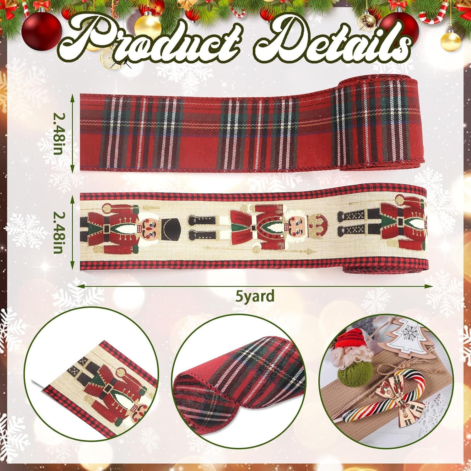 Threetols 2 Rolls 10 Yards Christmas Wired Edge Ribbons, 2.5inch Vintage Red Buffalo Plaid Ribbons, Christmas Nutcracker Ribbon for Xmas DIY Craft Winter Wreath Bow New Year Party Decor - Image 3