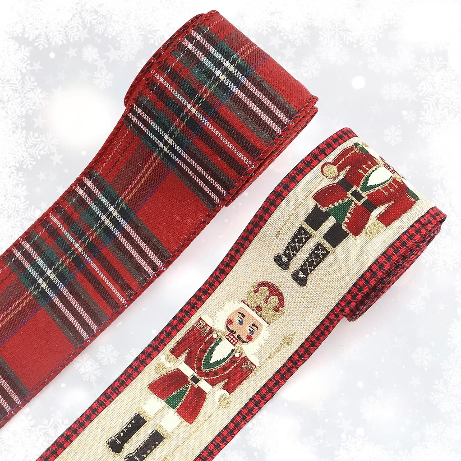 Threetols 2 Rolls 10 Yards Christmas Wired Edge Ribbons, 2.5inch Vintage Red Buffalo Plaid Ribbons, Christmas Nutcracker Ribbon for Xmas DIY Craft Winter Wreath Bow New Year Party Decor - Image 8