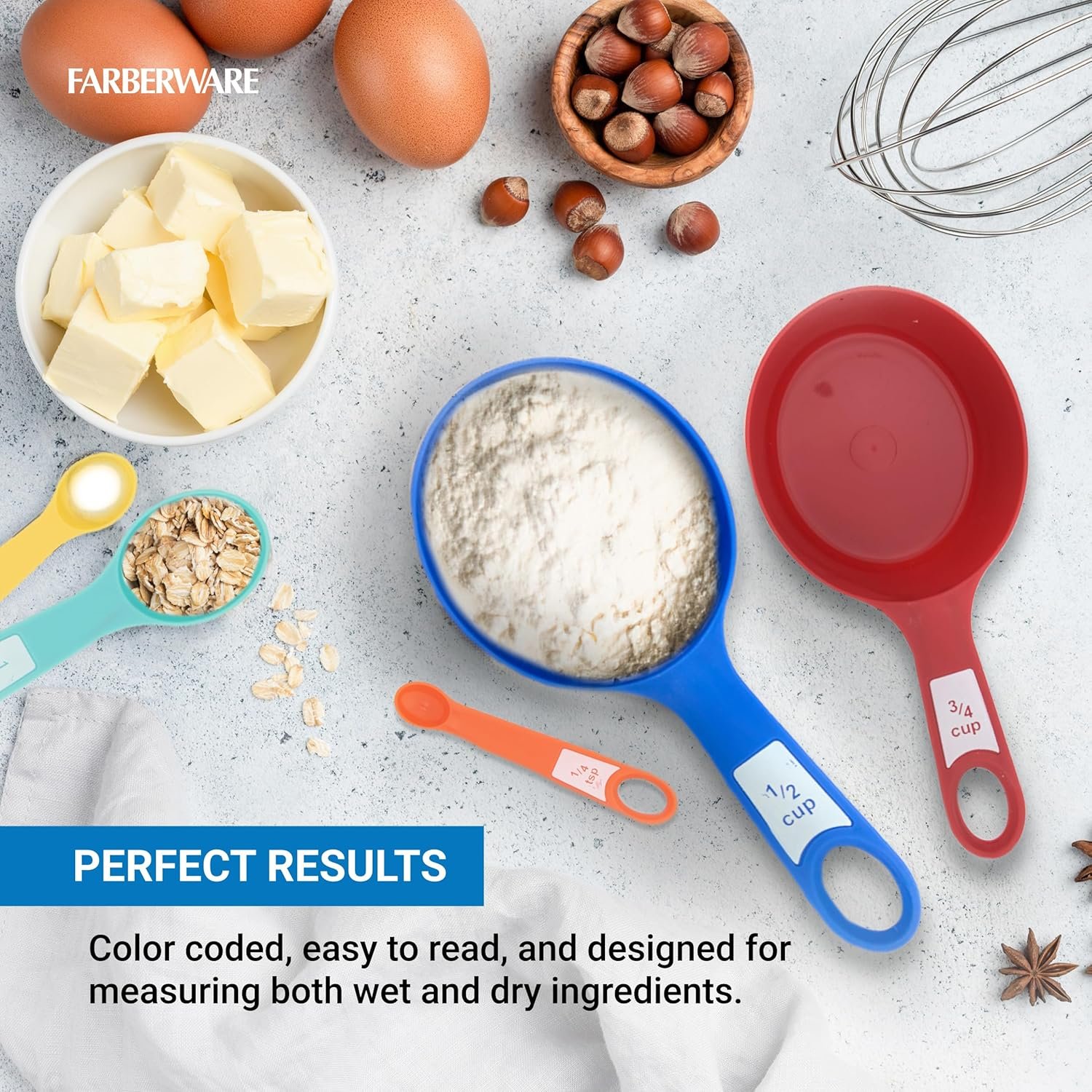 Farberware 12-Piece Measuring Cup and Spoon Set – Color-Coded Kitchen Measuring Tools with Easy-Read Markings, Nesting Design for Compact Storage, Dishwasher Safe - Image 4