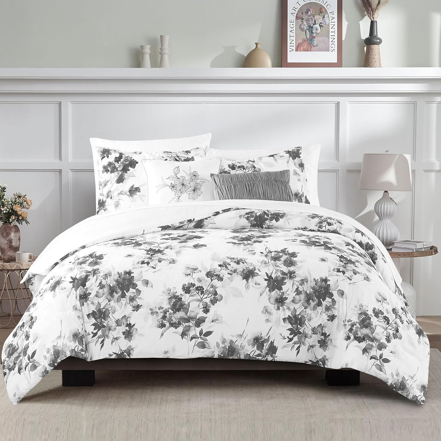 Wonderful Cotton Comforter King Size 5 Pieces, Light Black Floral Comforter Set with Pillow Shams and Decorative Pillows, Lightweight Comforter Cozy Bedding for All Season - Image 3