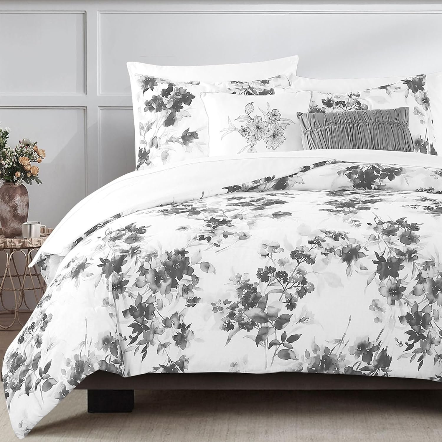 Wonderful Cotton Comforter King Size 5 Pieces, Light Black Floral Comforter Set with Pillow Shams and Decorative Pillows, Lightweight Comforter Cozy Bedding for All Season - Image 4