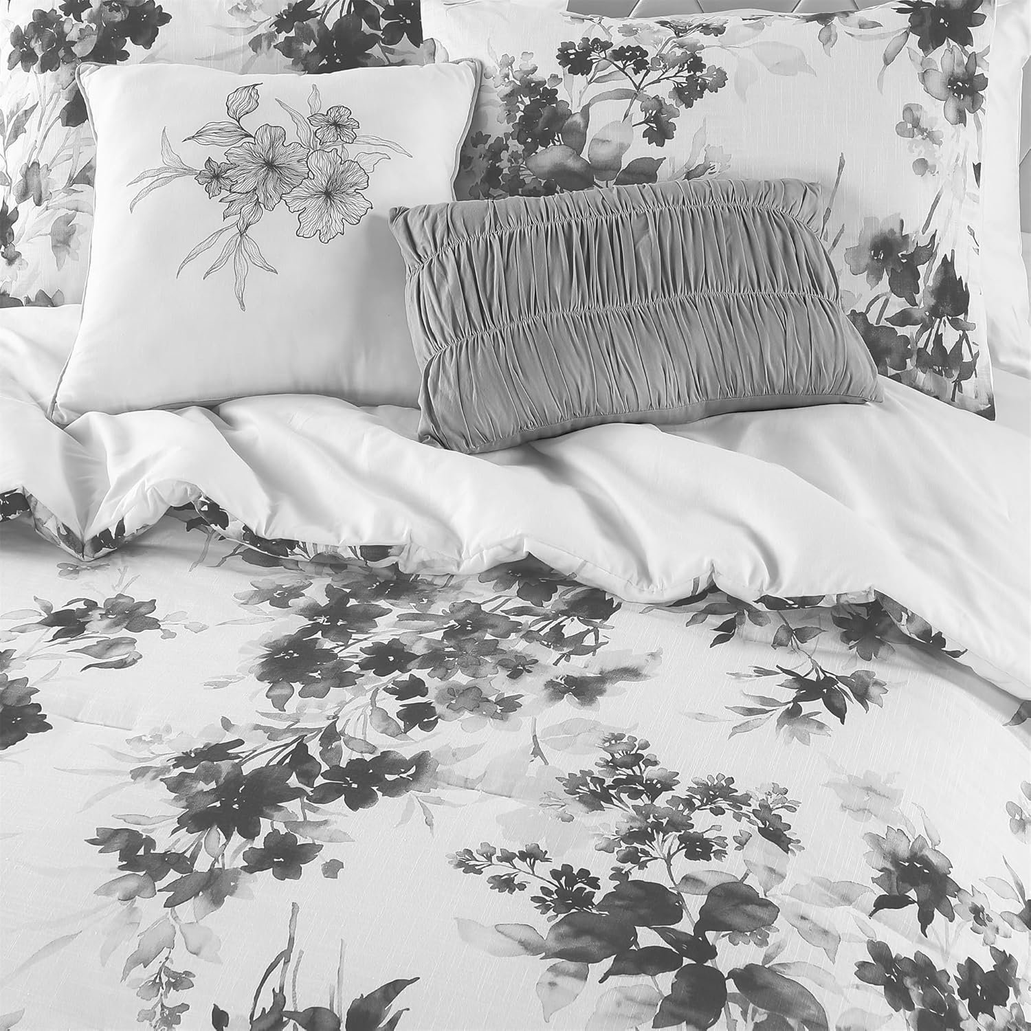 Wonderful Cotton Comforter King Size 5 Pieces, Light Black Floral Comforter Set with Pillow Shams and Decorative Pillows, Lightweight Comforter Cozy Bedding for All Season - Image 5