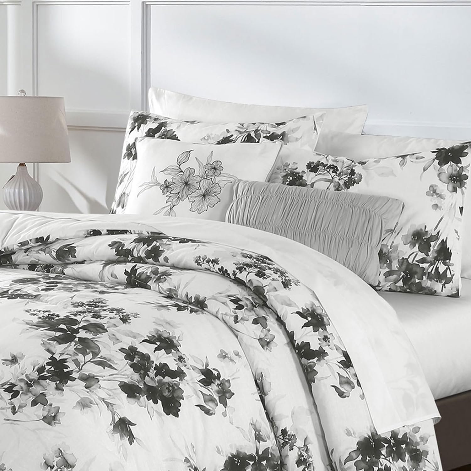 Wonderful Cotton Comforter King Size 5 Pieces, Light Black Floral Comforter Set with Pillow Shams and Decorative Pillows, Lightweight Comforter Cozy Bedding for All Season - Image 7