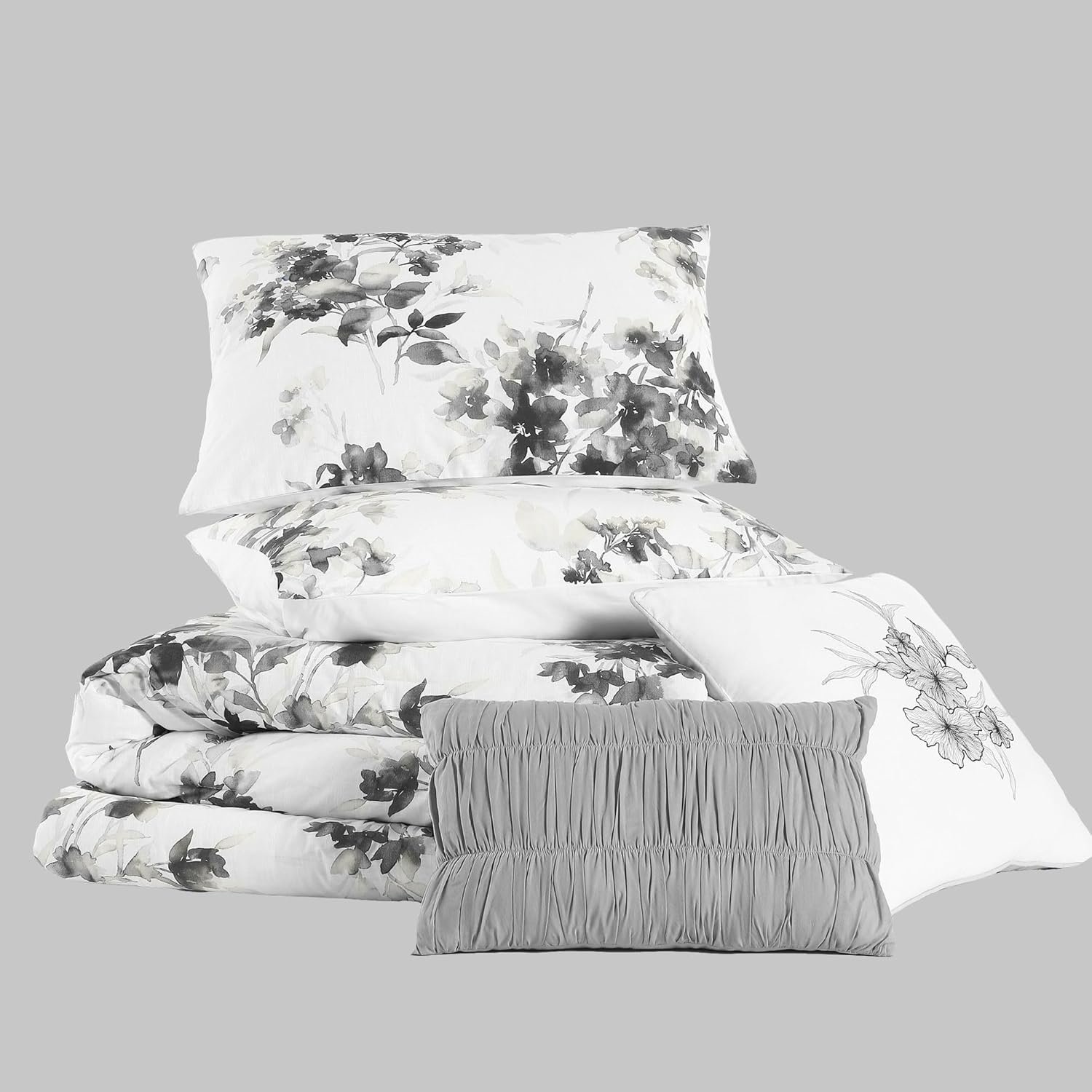 Wonderful Cotton Comforter King Size 5 Pieces, Light Black Floral Comforter Set with Pillow Shams and Decorative Pillows, Lightweight Comforter Cozy Bedding for All Season - Image 8