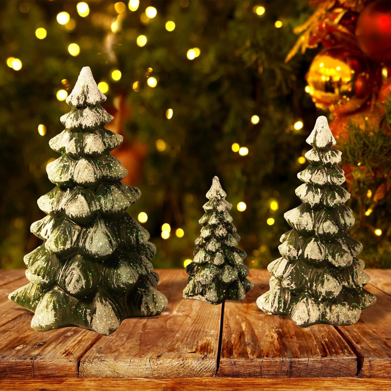 3 Pieces with a Sense of Layering and Staggered Heights Winter Wonderland Village Scene Pines Accessory Figurine Set, Christmas Village Trees Decorations,Green - Image 4