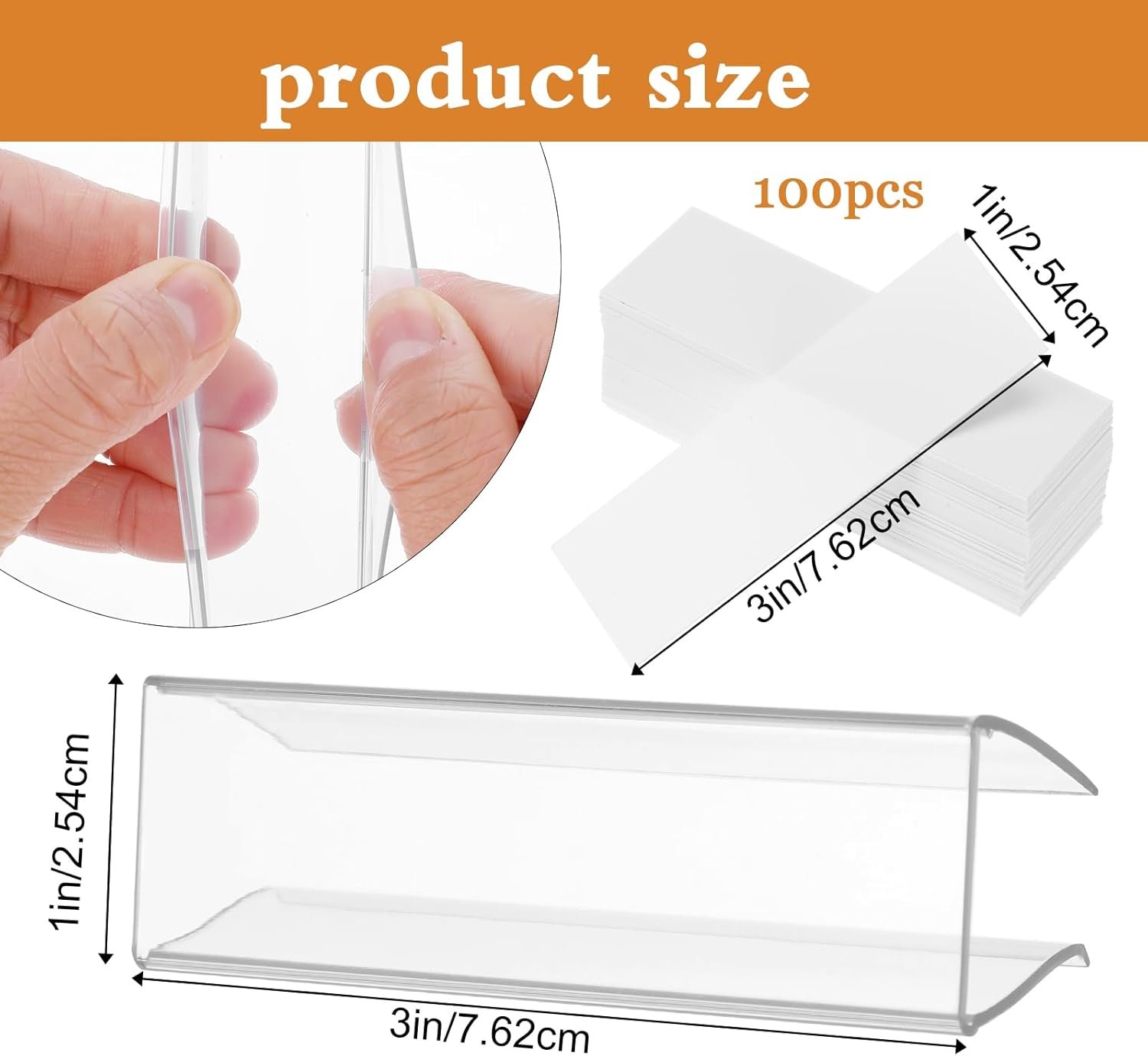 100 Pcs of 3" x 1" Clear Plastic Shelf Label Holders with 100 Label Inserts. Slide-in Tags Holder for Bookshelves, Wood Shelf Signs, Ticket Holders, and Wire Shelving. - Image 3