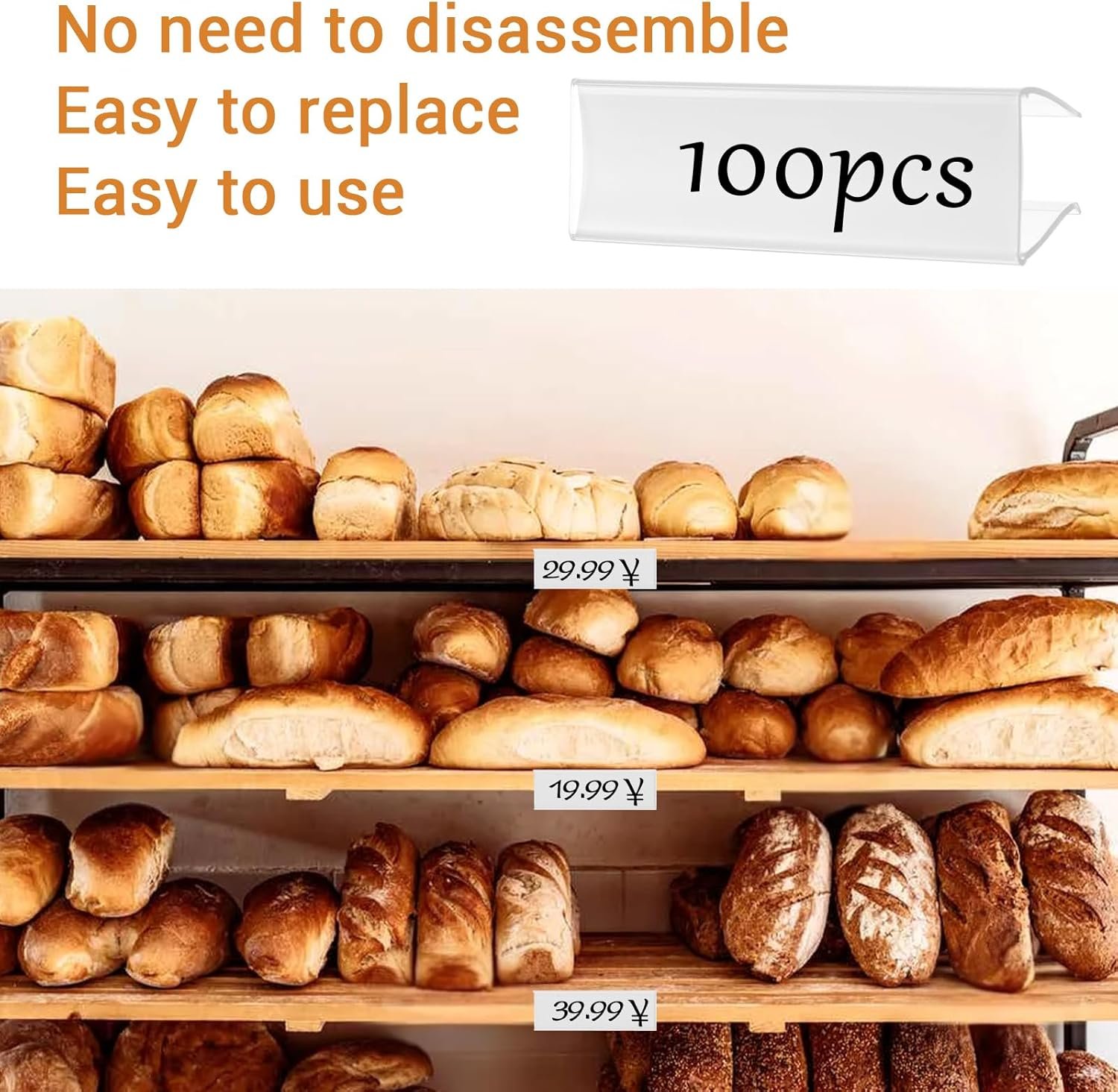 100 Pcs of 3" x 1" Clear Plastic Shelf Label Holders with 100 Label Inserts. Slide-in Tags Holder for Bookshelves, Wood Shelf Signs, Ticket Holders, and Wire Shelving. - Image 6