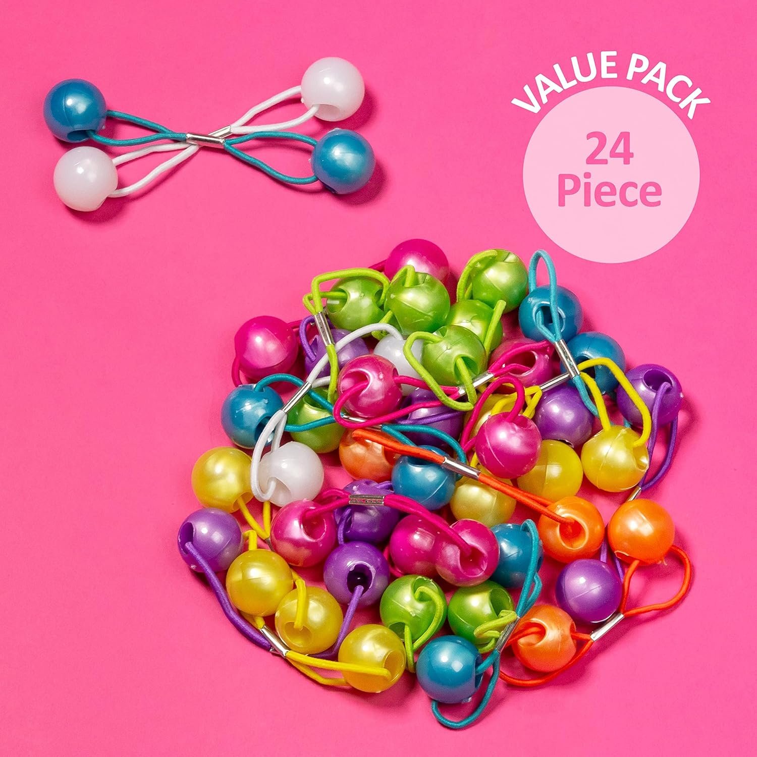 24pc Marble Finish Twin Bead Ponytail Ball Hair Elastics – Brightly Colored Hair Ties for Girls & Toddlers | Fun Kids Hair Accessories | Colorful Ponytail Balls Cute - Image 7