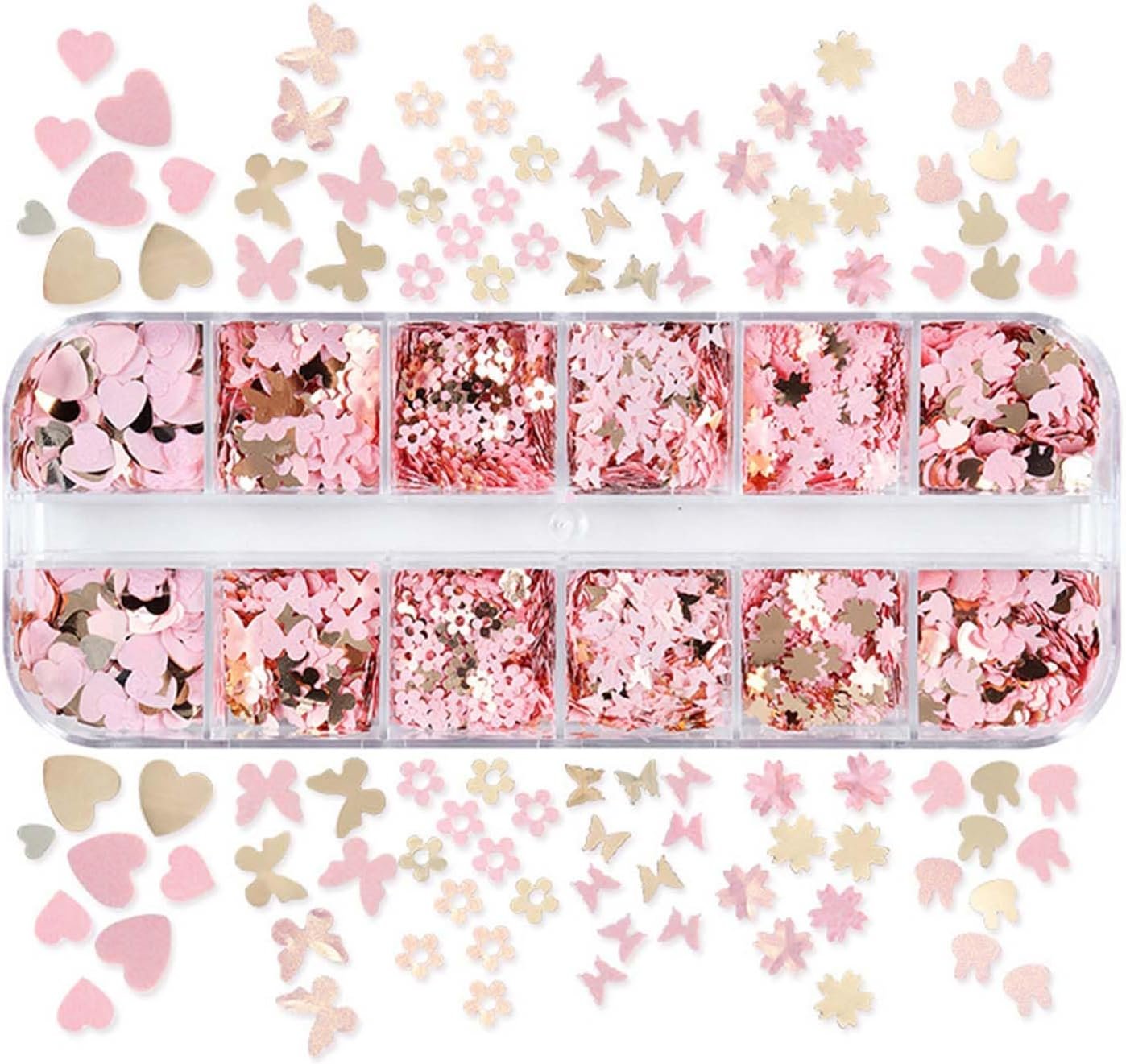 24Grid Heart Glitter Sequins Holographic Gold Pink Flower Butterfly Nail Art Accessories - Valentine's Day Flakes Colorful Acrylic Decoration for Women - Image 3