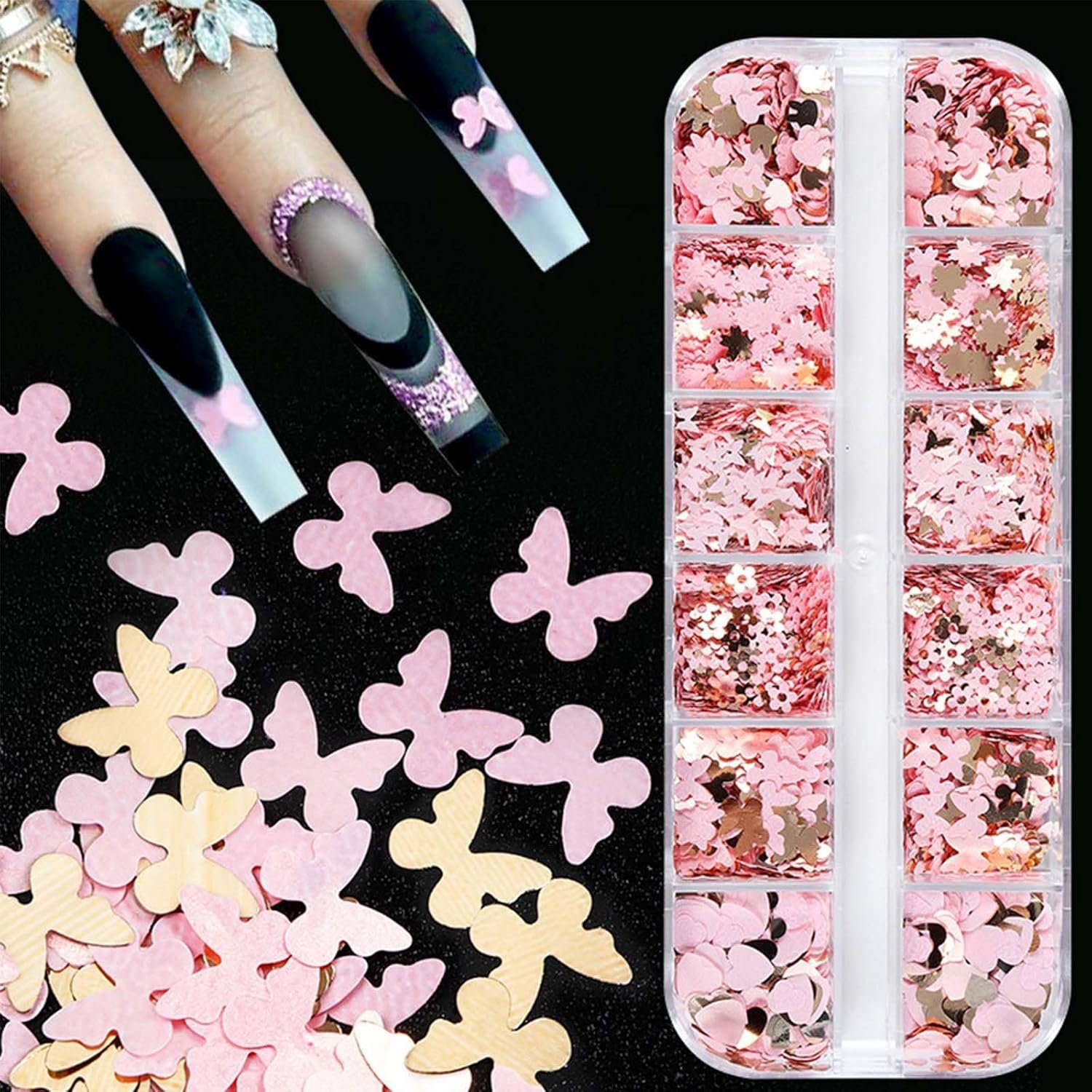 24Grid Heart Glitter Sequins Holographic Gold Pink Flower Butterfly Nail Art Accessories - Valentine's Day Flakes Colorful Acrylic Decoration for Women - Image 7