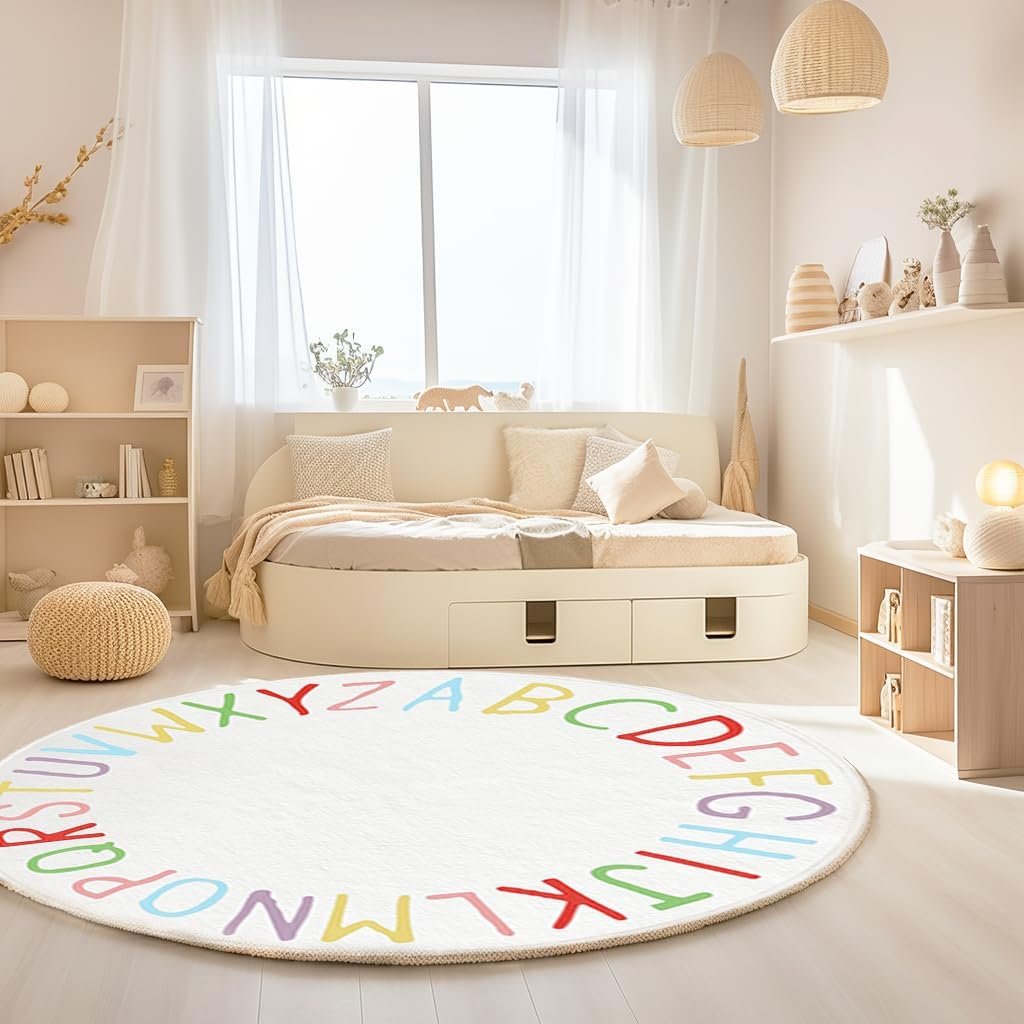 SHIPKEY Round Rug, Round Play Rug for Kids, Colored Alphabet Nursery Area Rugs, Kids Bedroom Rugs, Non-Slip Mat, Carpet for Living Room (3.3 feet) - Image 5