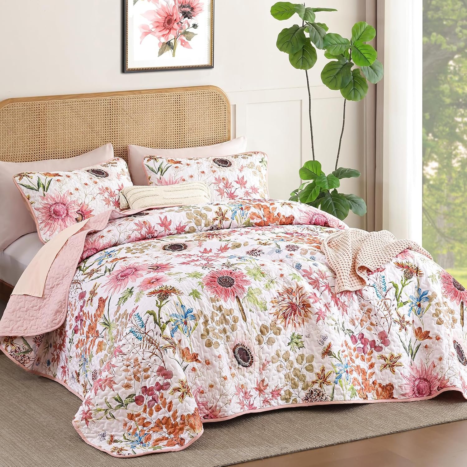 Yiran Pink Floral Quilts Queen Size, Sunflower Botanical Bedspread Bedding Set, 3 Pieces Colorful Soft Lightweight Microfiber Coverlet with 2 Pillow Shams for All Season 96x90 Inch - Image 3