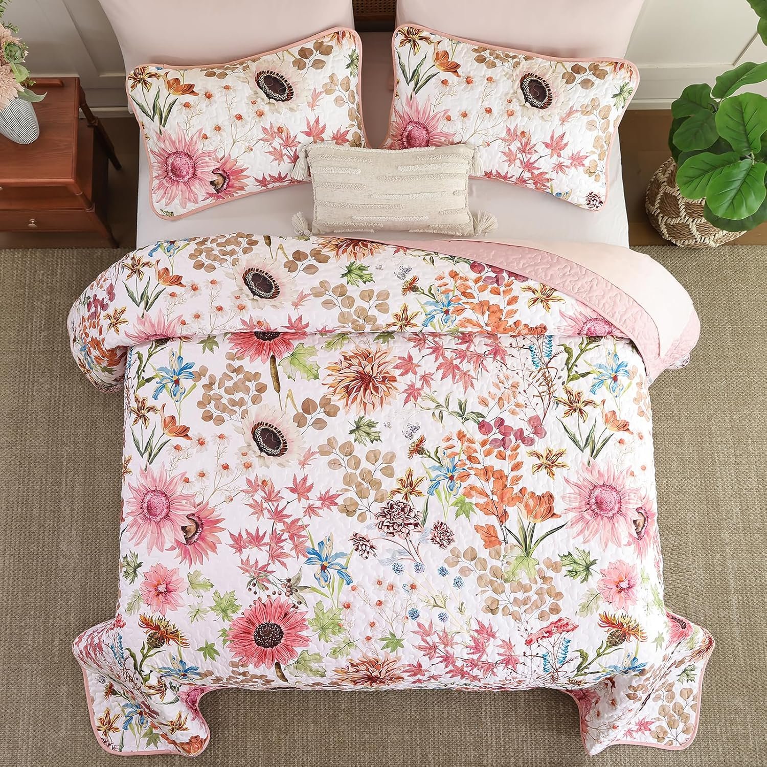 Yiran Pink Floral Quilts Queen Size, Sunflower Botanical Bedspread Bedding Set, 3 Pieces Colorful Soft Lightweight Microfiber Coverlet with 2 Pillow Shams for All Season 96x90 Inch - Image 5
