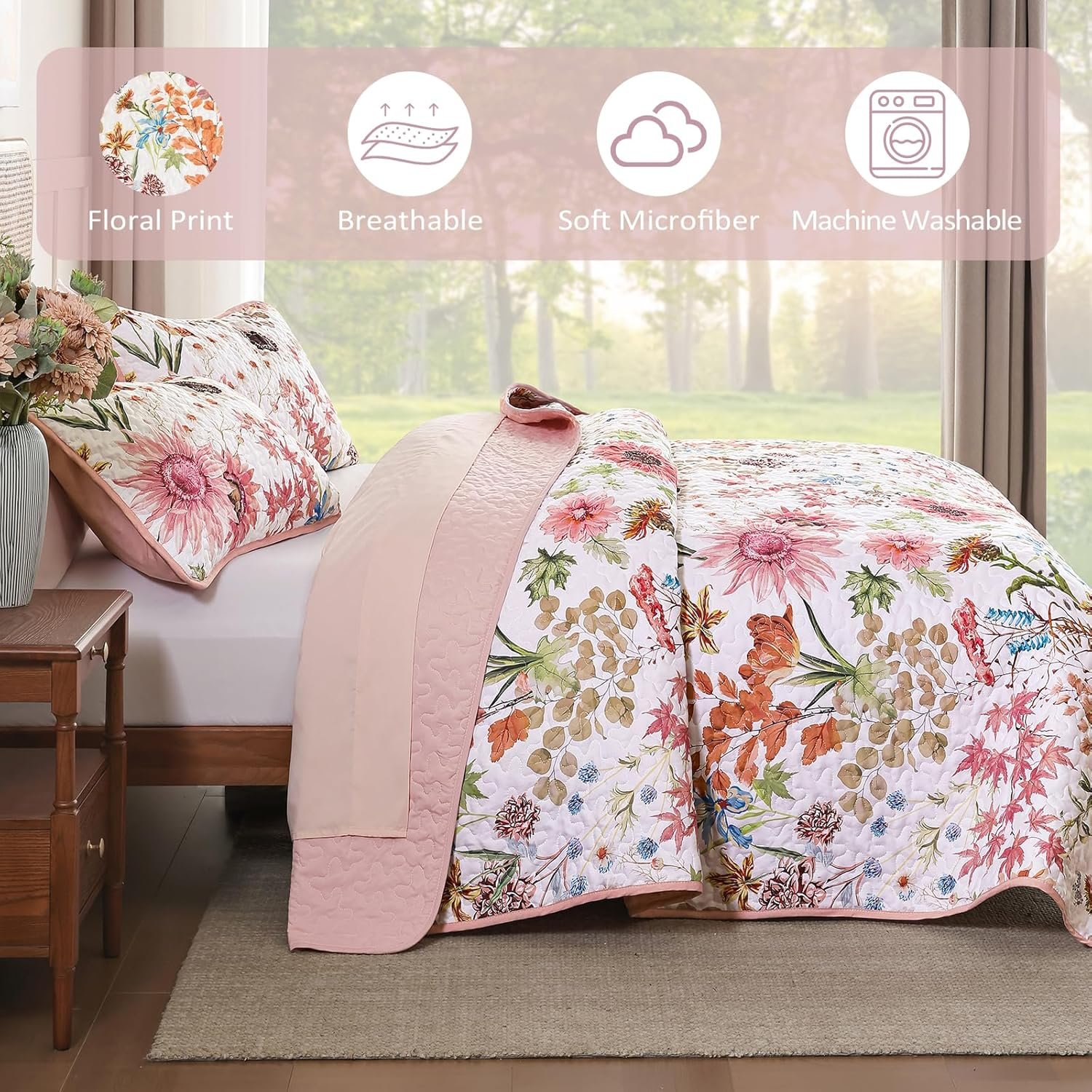 Yiran Pink Floral Quilts Queen Size, Sunflower Botanical Bedspread Bedding Set, 3 Pieces Colorful Soft Lightweight Microfiber Coverlet with 2 Pillow Shams for All Season 96x90 Inch - Image 7