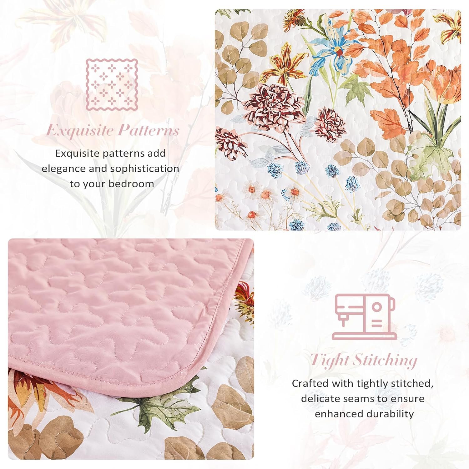 Yiran Pink Floral Quilts Queen Size, Sunflower Botanical Bedspread Bedding Set, 3 Pieces Colorful Soft Lightweight Microfiber Coverlet with 2 Pillow Shams for All Season 96x90 Inch - Image 8