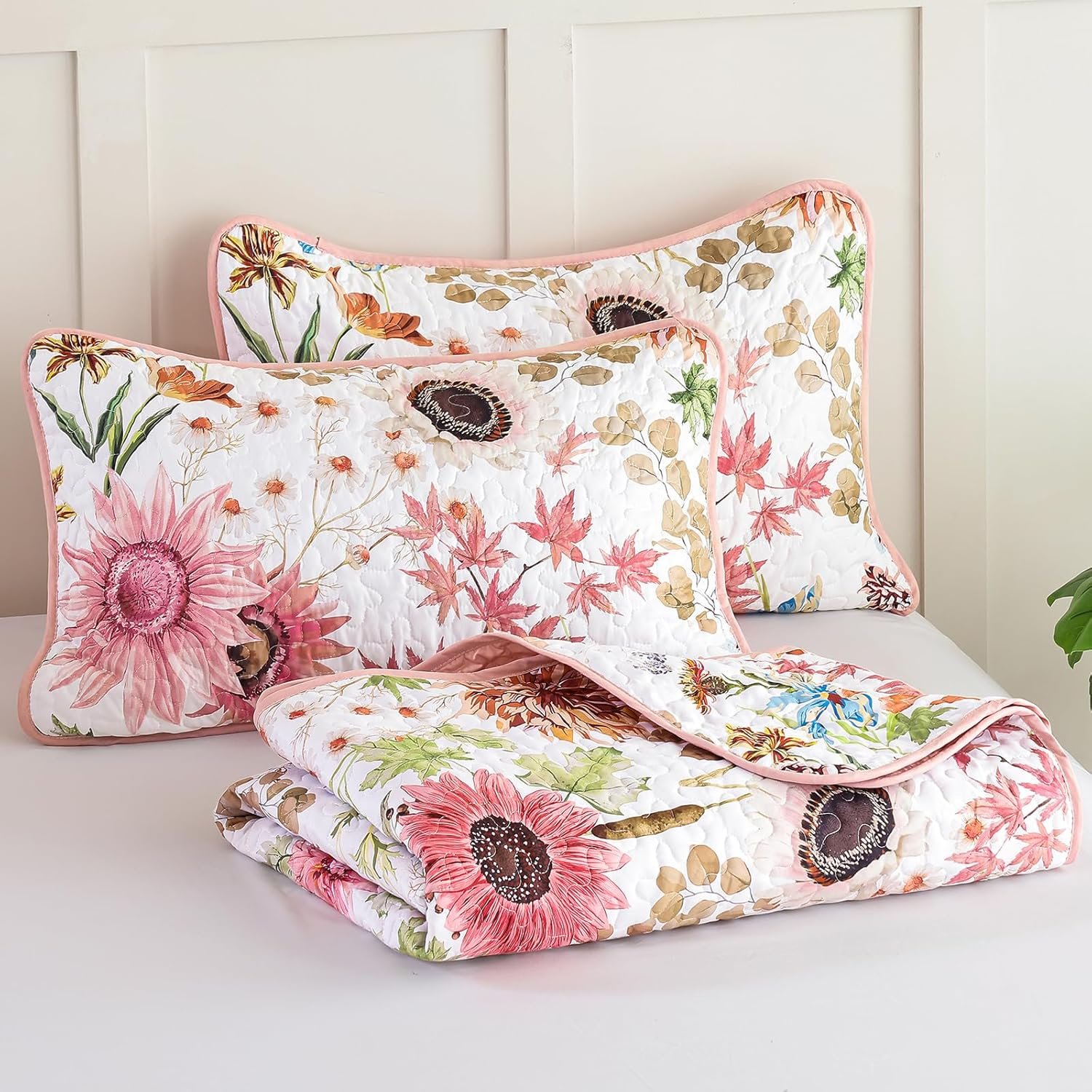 Yiran Pink Floral Quilts Queen Size, Sunflower Botanical Bedspread Bedding Set, 3 Pieces Colorful Soft Lightweight Microfiber Coverlet with 2 Pillow Shams for All Season 96x90 Inch - Image 9