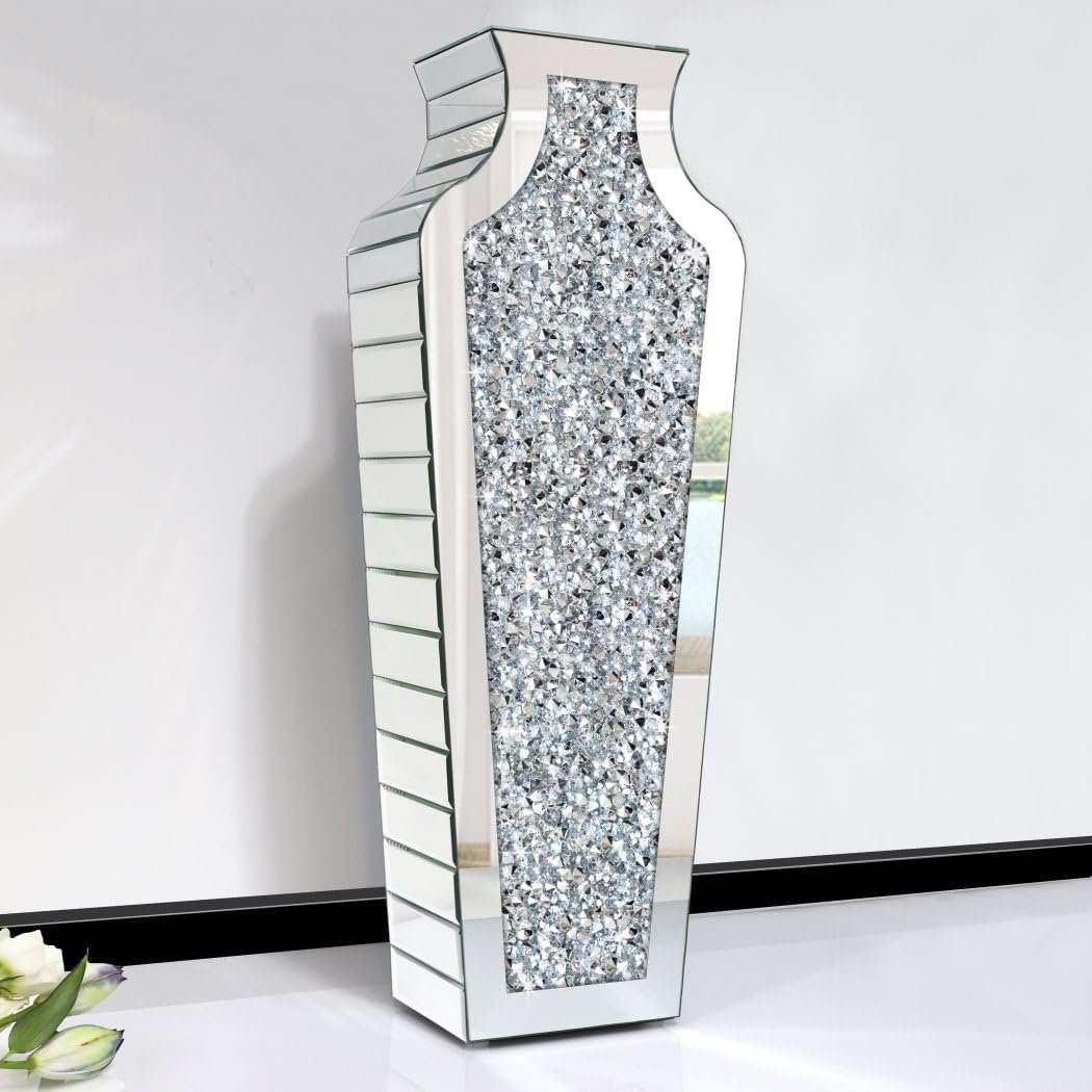 Allartonly Floor Crushed Diamond Mirrored Vase 27" Tall, Crystal Silver Glass Decorative Mirror Large Size Luxury for Home Decor. Can't Hold Water. - Image 3