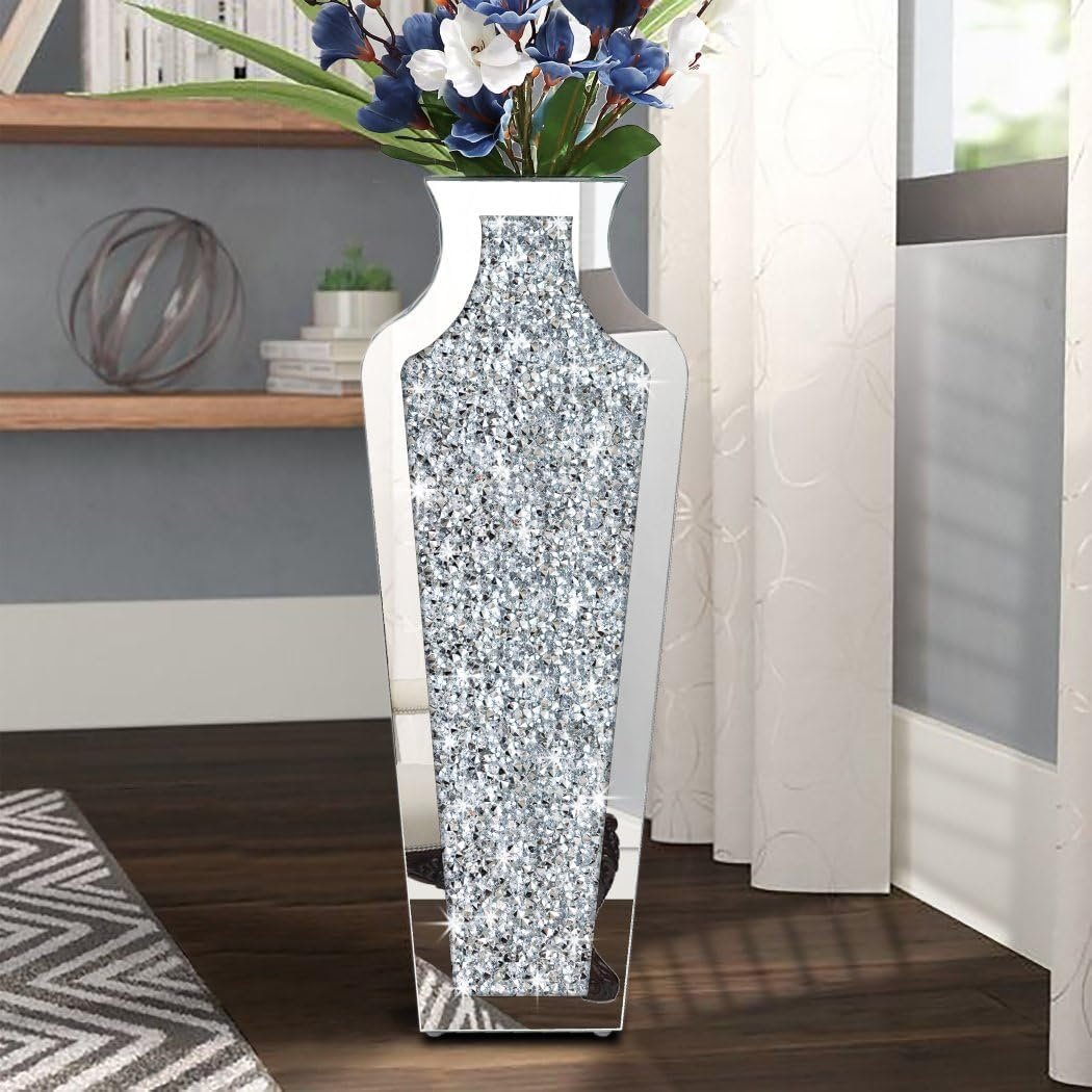 Allartonly Floor Crushed Diamond Mirrored Vase 27" Tall, Crystal Silver Glass Decorative Mirror Large Size Luxury for Home Decor. Can't Hold Water. - Image 4
