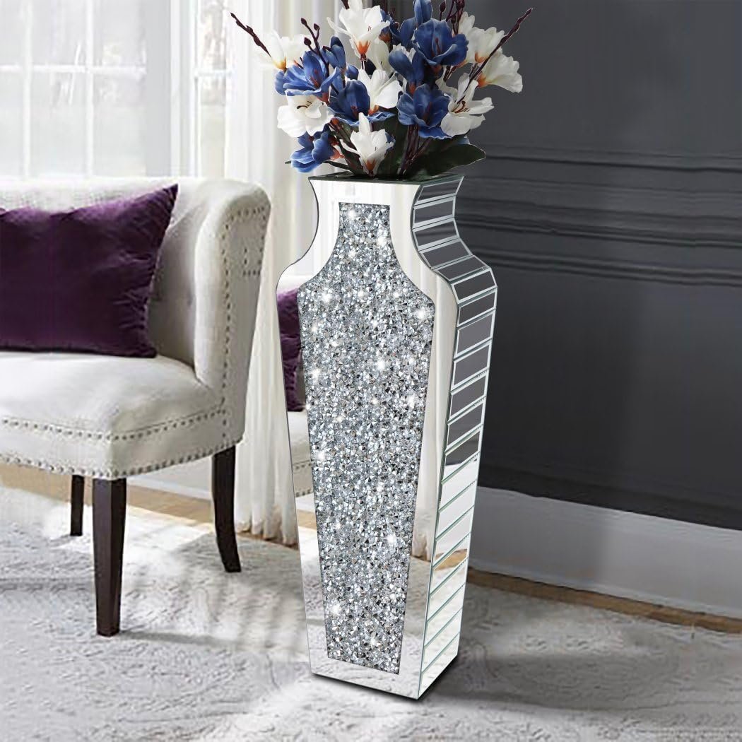 Allartonly Floor Crushed Diamond Mirrored Vase 27" Tall, Crystal Silver Glass Decorative Mirror Large Size Luxury for Home Decor. Can't Hold Water. - Image 6