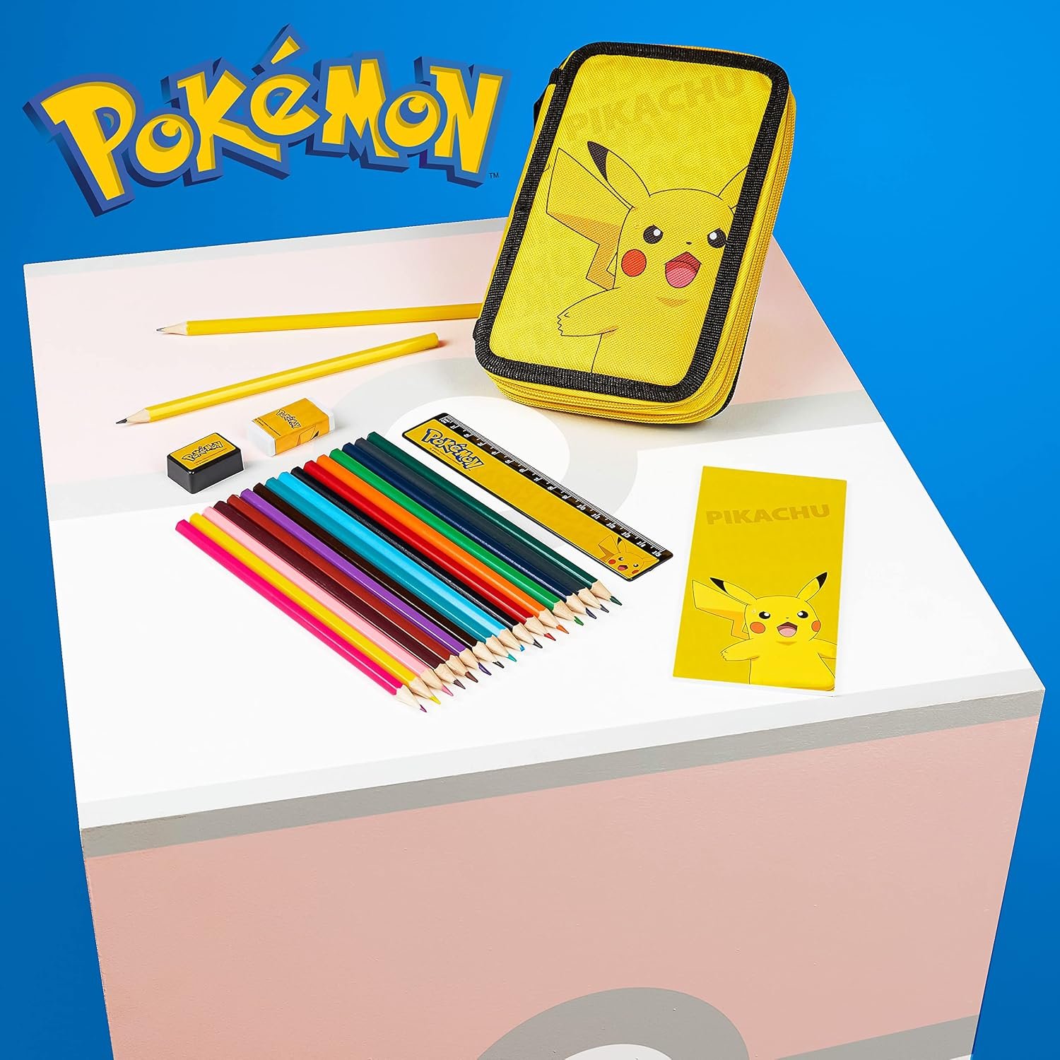 Pokemon Pencil Case for Boys Girls Pikachu Stationery Set with Colored Pencils Sharpener Ruler Eraser Notepad School Supplies Anime Gifts for Kids (Yellow) - Image 4