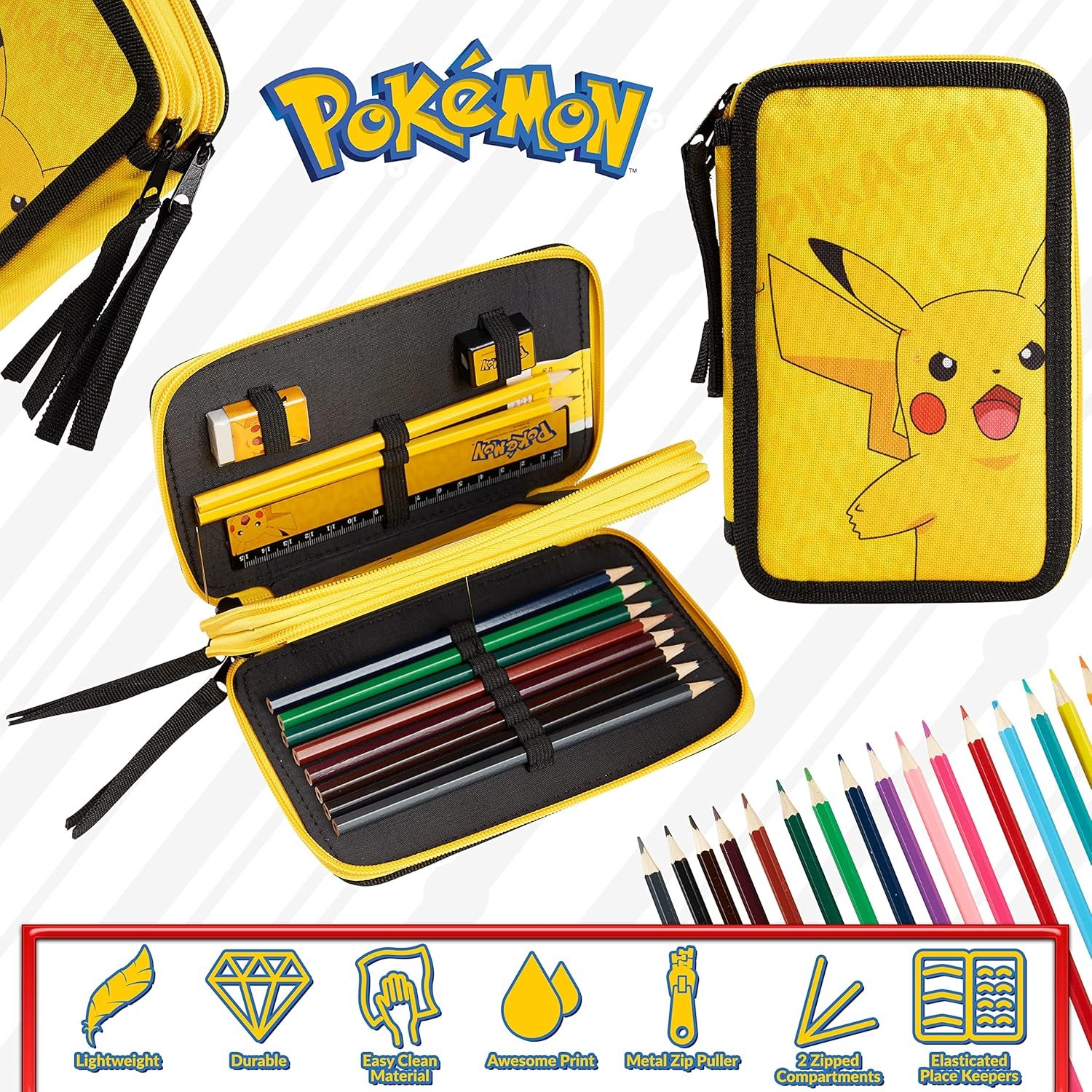 Pokemon Pencil Case for Boys Girls Pikachu Stationery Set with Colored Pencils Sharpener Ruler Eraser Notepad School Supplies Anime Gifts for Kids (Yellow) - Image 5