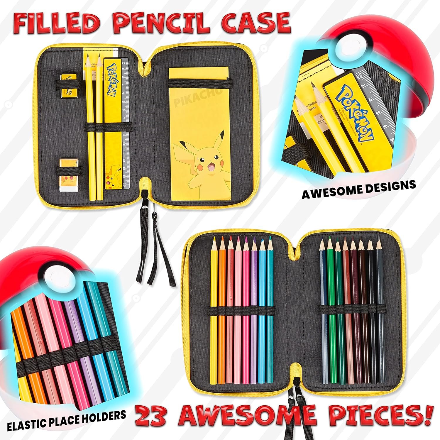 Pokemon Pencil Case for Boys Girls Pikachu Stationery Set with Colored Pencils Sharpener Ruler Eraser Notepad School Supplies Anime Gifts for Kids (Yellow) - Image 7