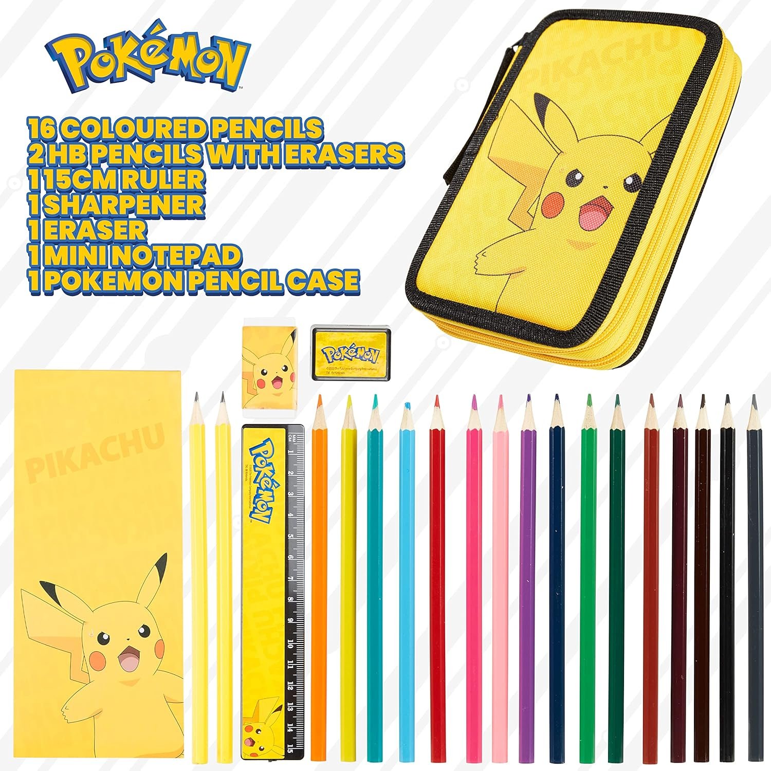 Pokemon Pencil Case for Boys Girls Pikachu Stationery Set with Colored Pencils Sharpener Ruler Eraser Notepad School Supplies Anime Gifts for Kids (Yellow) - Image 8