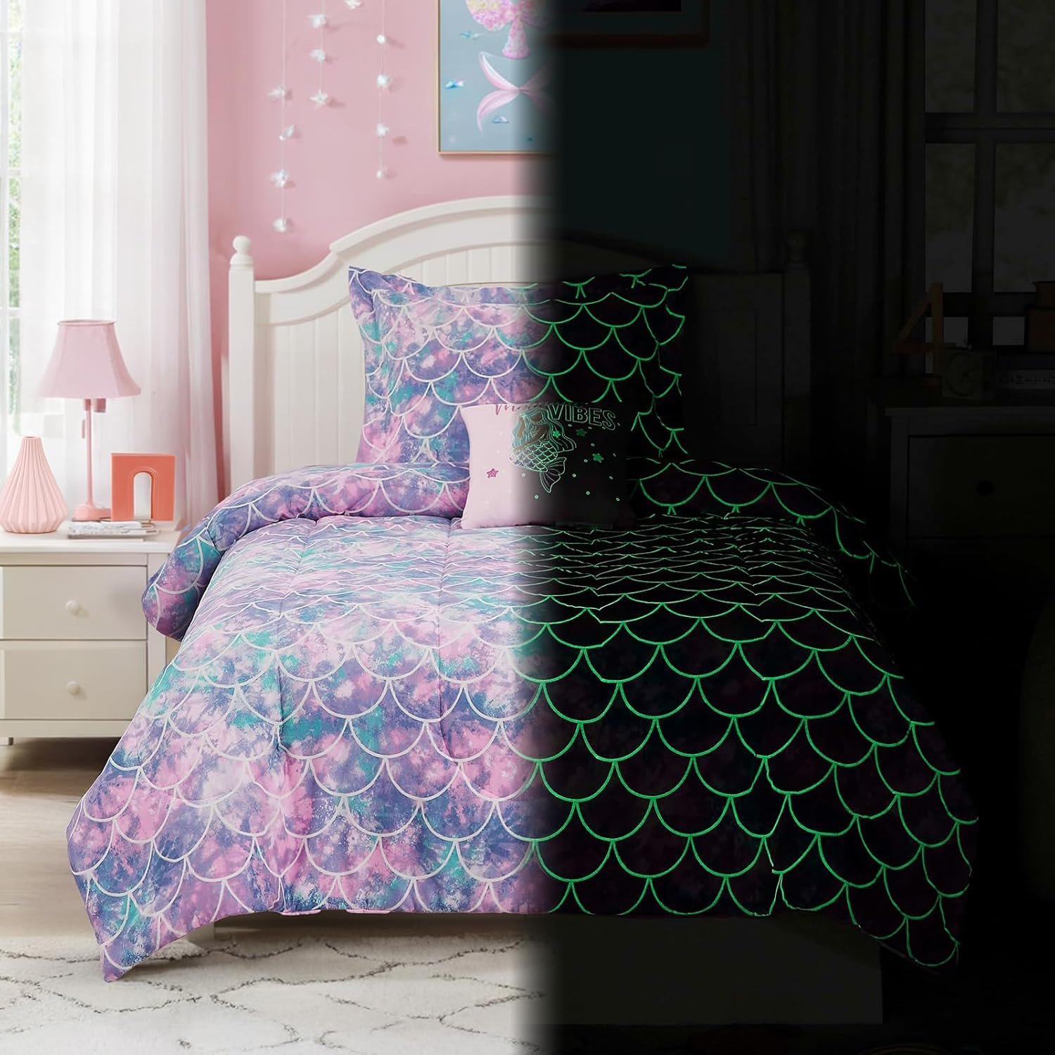 Wink Deer Full Size Comforter Set for Girls-4 Pieces Mermaid Glow in the Dark Full Bedding Sets for Kids, 1 Comforter, 2 Shams and 1 Decor Pillow - Image 4