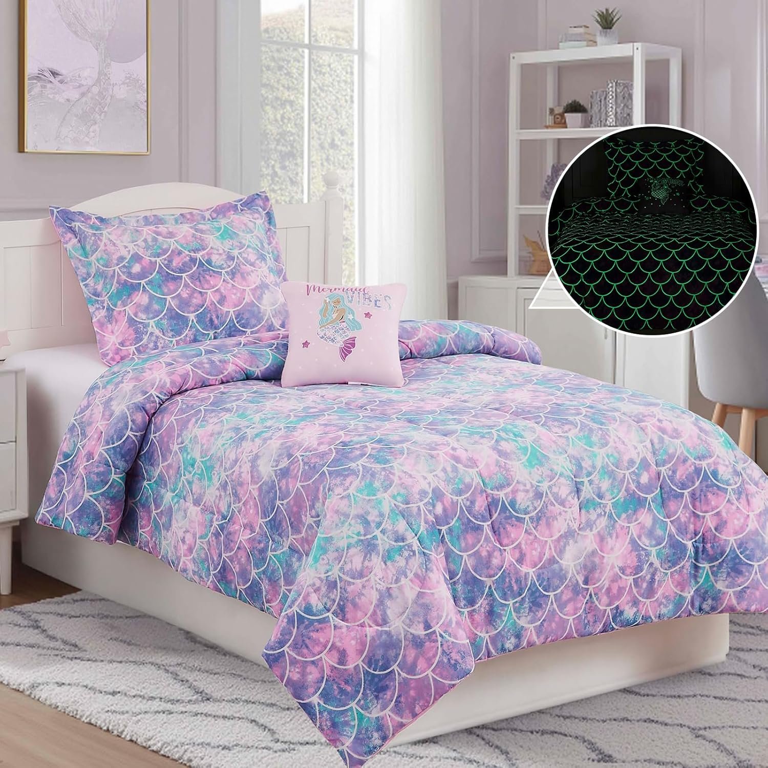 Wink Deer Full Size Comforter Set for Girls-4 Pieces Mermaid Glow in the Dark Full Bedding Sets for Kids, 1 Comforter, 2 Shams and 1 Decor Pillow - Image 5