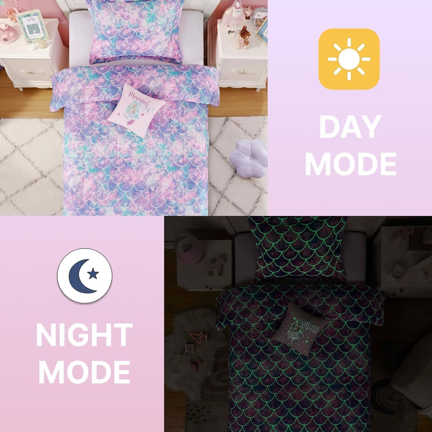 Wink Deer Full Size Comforter Set for Girls-4 Pieces Mermaid Glow in the Dark Full Bedding Sets for Kids, 1 Comforter, 2 Shams and 1 Decor Pillow - Image 6