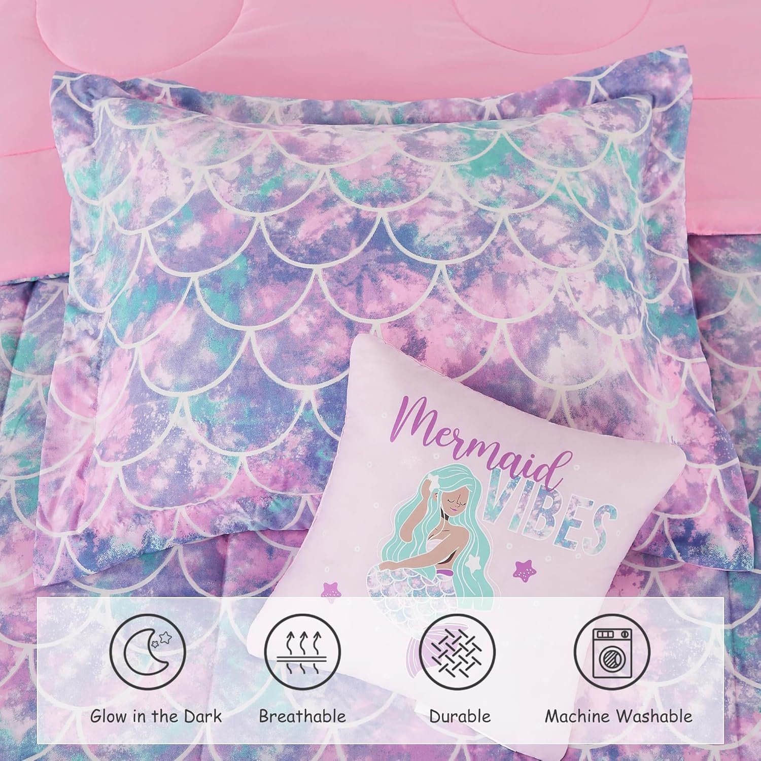 Wink Deer Full Size Comforter Set for Girls-4 Pieces Mermaid Glow in the Dark Full Bedding Sets for Kids, 1 Comforter, 2 Shams and 1 Decor Pillow - Image 7