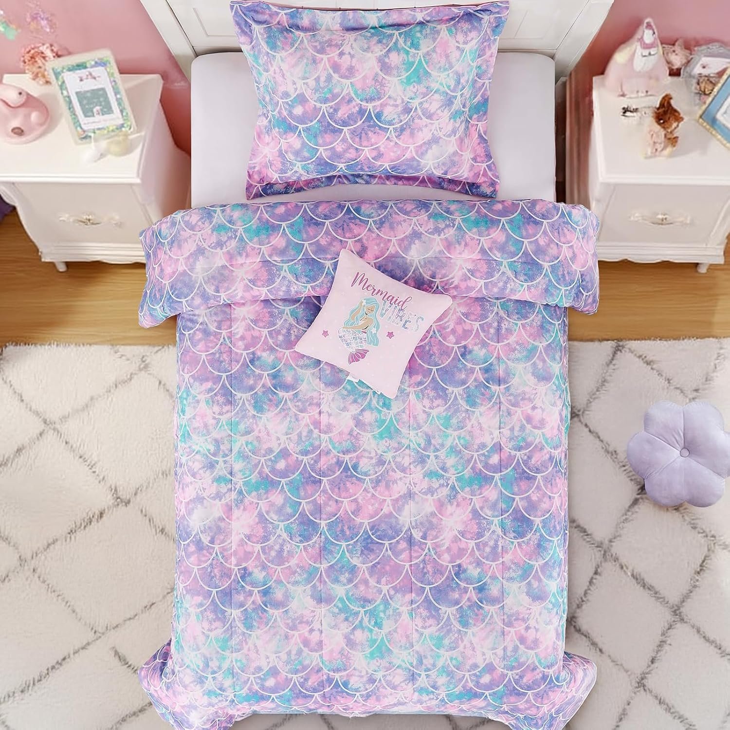 Wink Deer Full Size Comforter Set for Girls-4 Pieces Mermaid Glow in the Dark Full Bedding Sets for Kids, 1 Comforter, 2 Shams and 1 Decor Pillow - Image 8