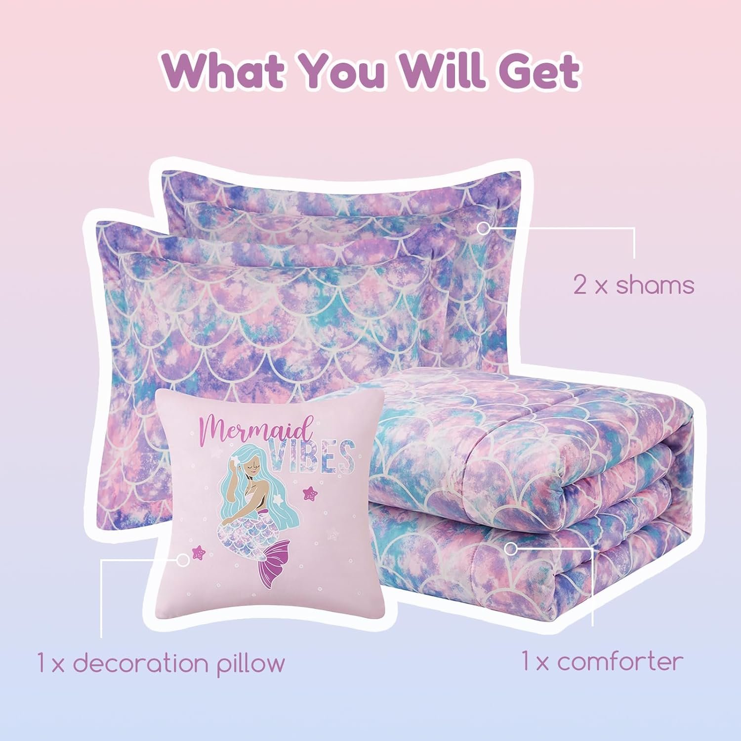 Wink Deer Full Size Comforter Set for Girls-4 Pieces Mermaid Glow in the Dark Full Bedding Sets for Kids, 1 Comforter, 2 Shams and 1 Decor Pillow - Image 10