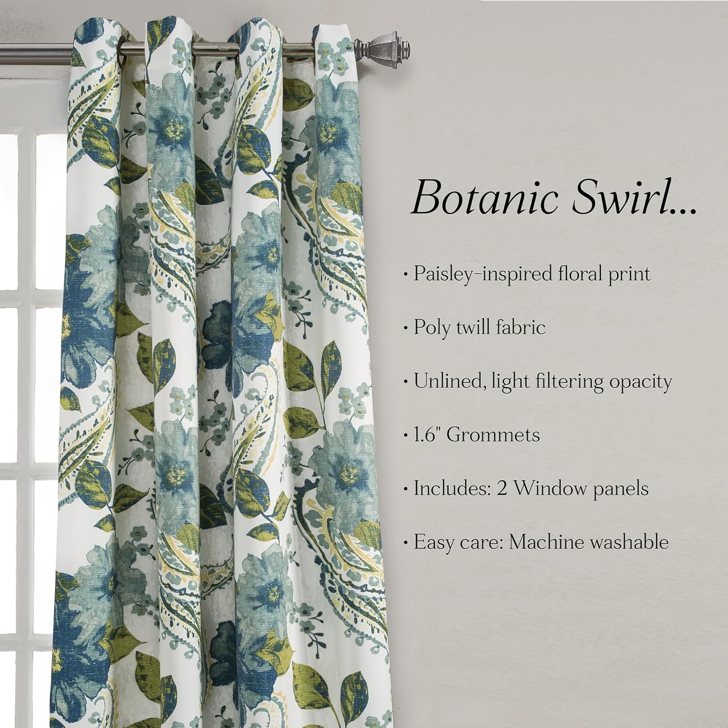 Lush Decor Floral Paisley Light Filtering Window Curtain Panel Pair, 52"W x 84"L, Blue - Image 7