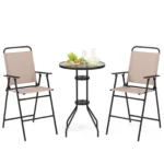 3 PCS Patio Bistro Set Folding Chairs Round Bar Table w/ 1.6″ Umbrella Hole Yard